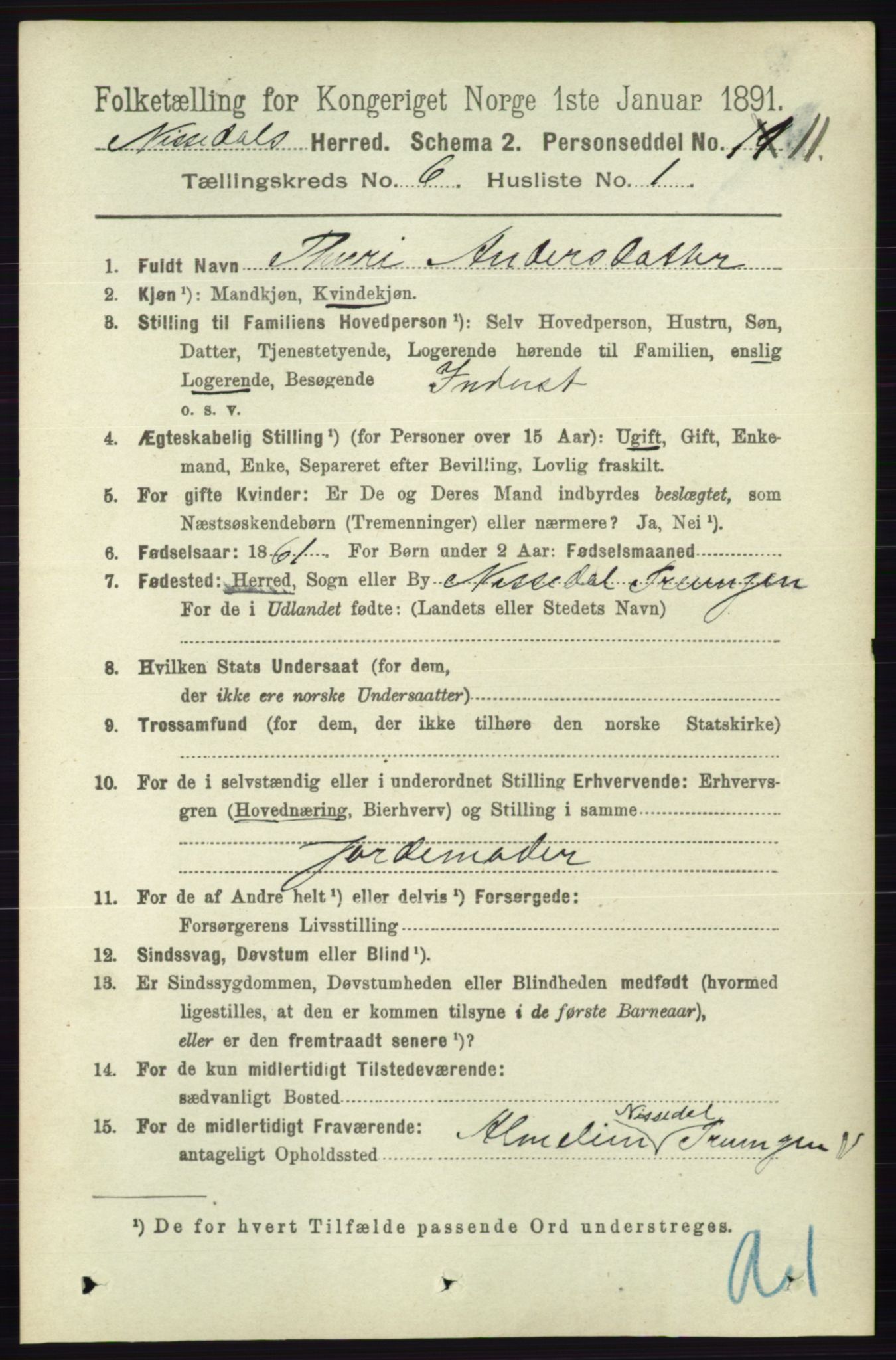 RA, 1891 census for 0830 Nissedal, 1891, p. 1342