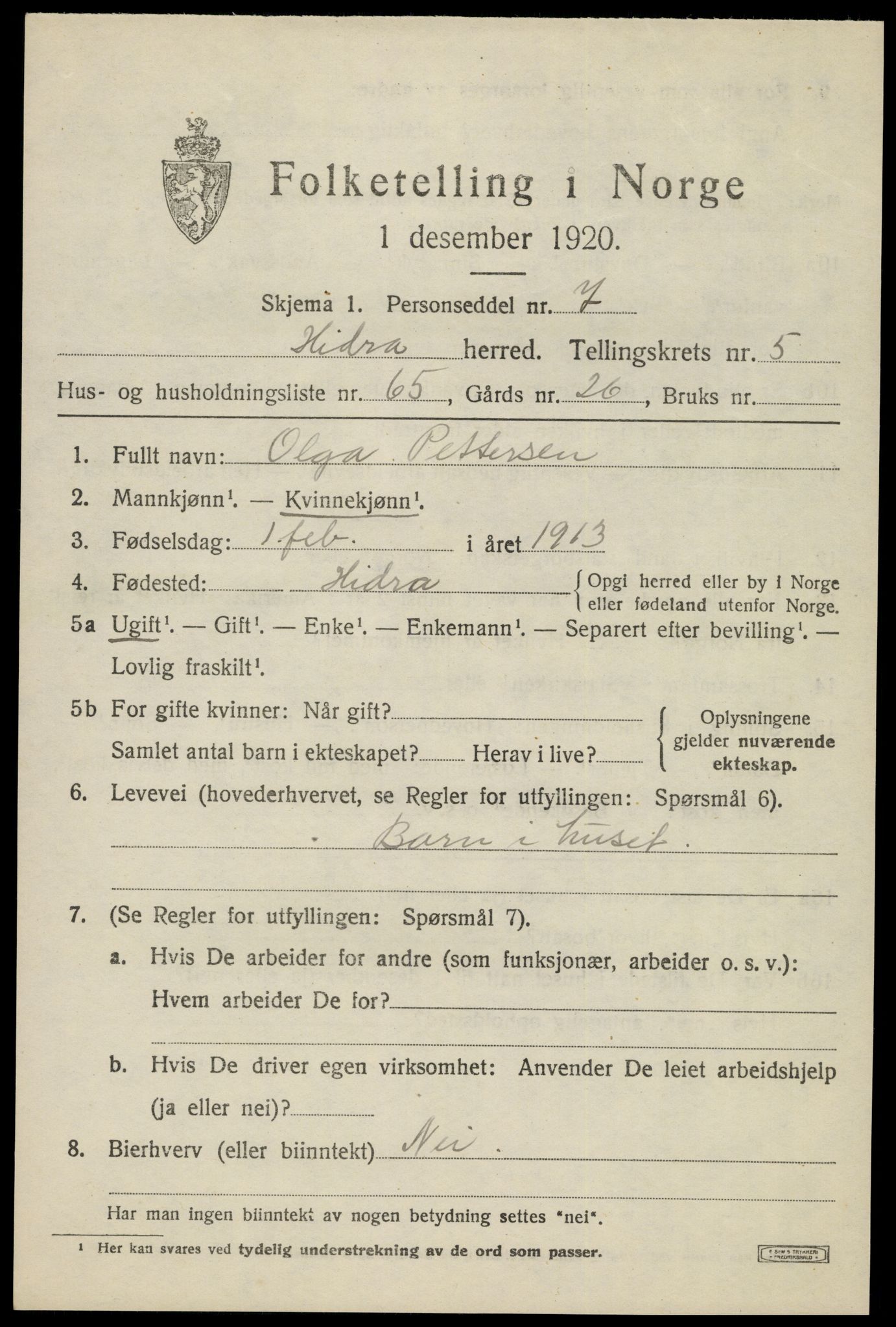 SAK, 1920 census for Hidra, 1920, p. 4076