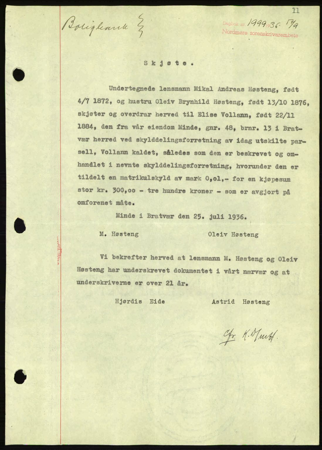 Nordmøre sorenskriveri, AV/SAT-A-4132/1/2/2Ca: Mortgage book no. A80, 1936-1937, Diary no: : 1999/1936