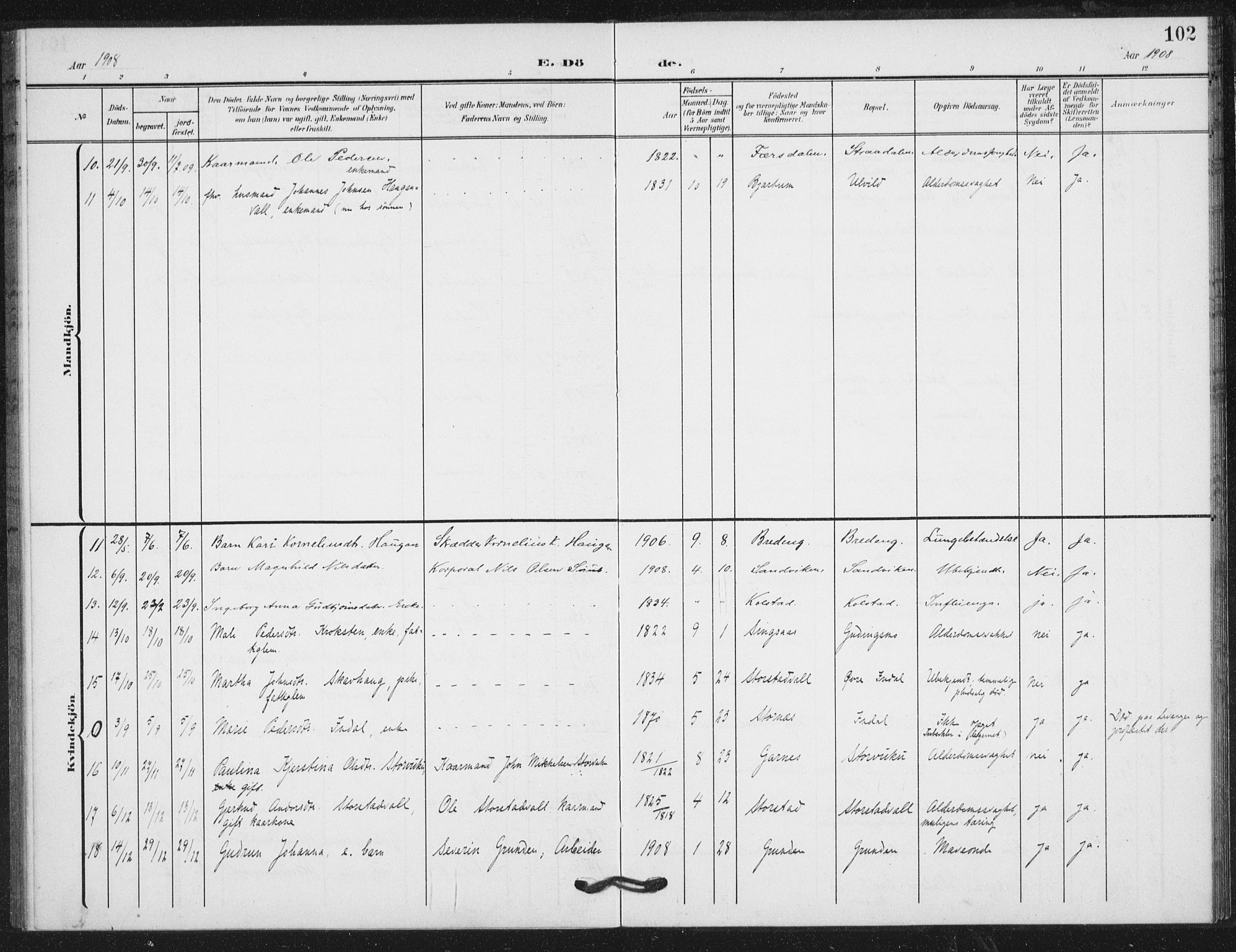 Ministerialprotokoller, klokkerbøker og fødselsregistre - Nord-Trøndelag, AV/SAT-A-1458/724/L0264: Parish register (official) no. 724A02, 1908-1915, p. 102