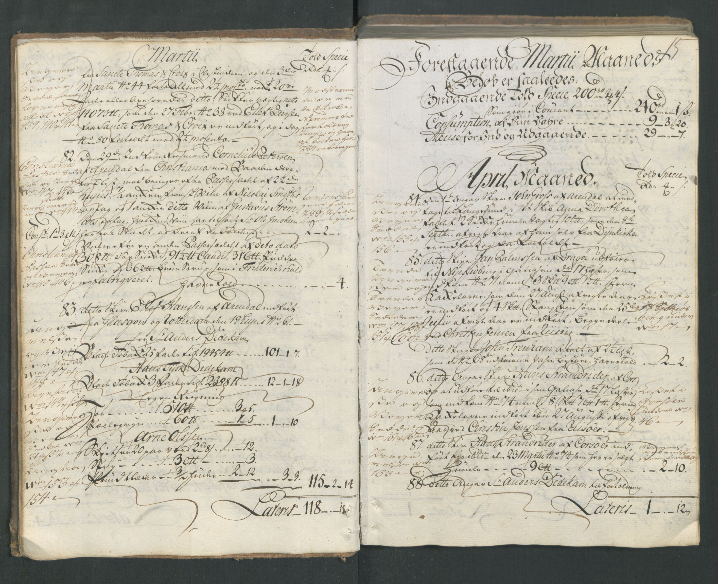 Generaltollkammeret, tollregnskaper, AV/RA-EA-5490/R15/L0029/0001: Tollregnskaper Arendal / Inngående hovedtollbok, 1756, p. 14b-15a