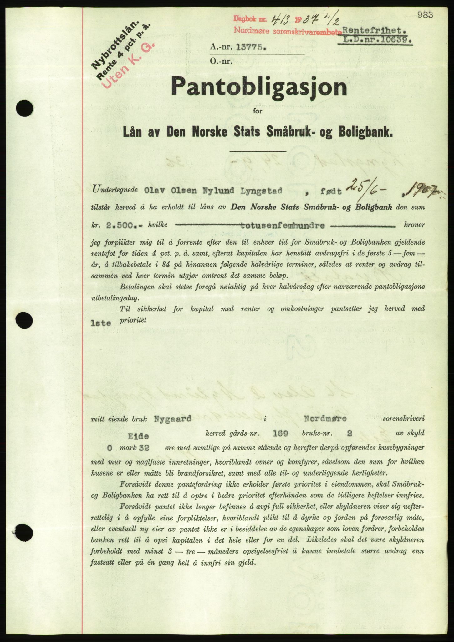 Nordmøre sorenskriveri, AV/SAT-A-4132/1/2/2Ca/L0090: Mortgage book no. B80, 1936-1937, Diary no: : 413/1937