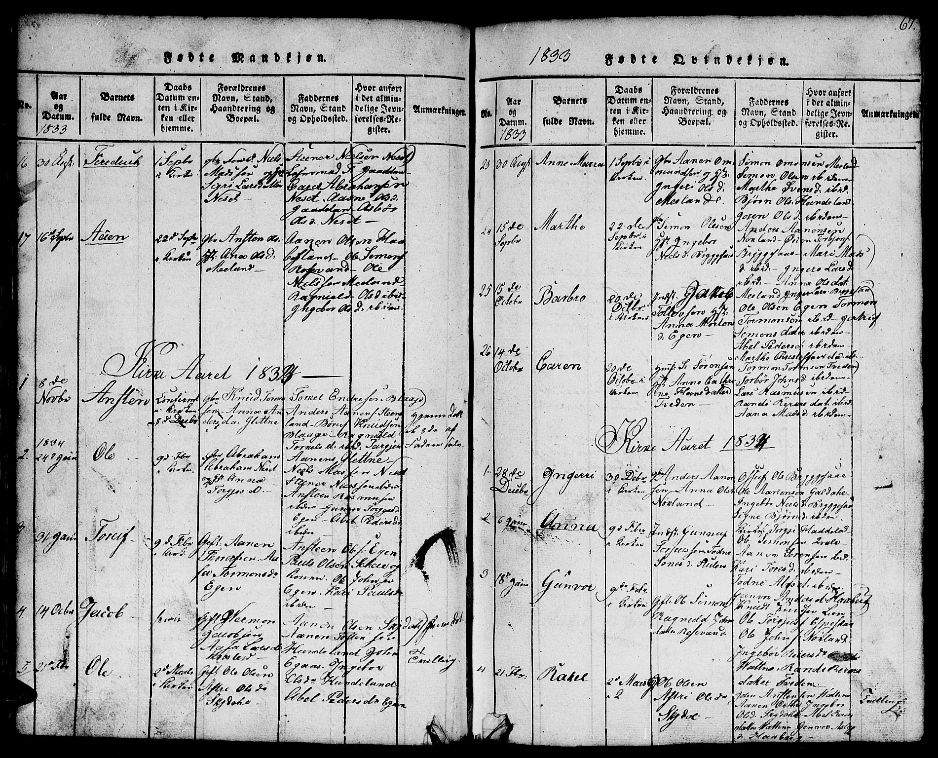 Hægebostad sokneprestkontor, SAK/1111-0024/F/Fb/Fbb/L0001: Parish register (copy) no. B 1, 1816-1850, p. 67