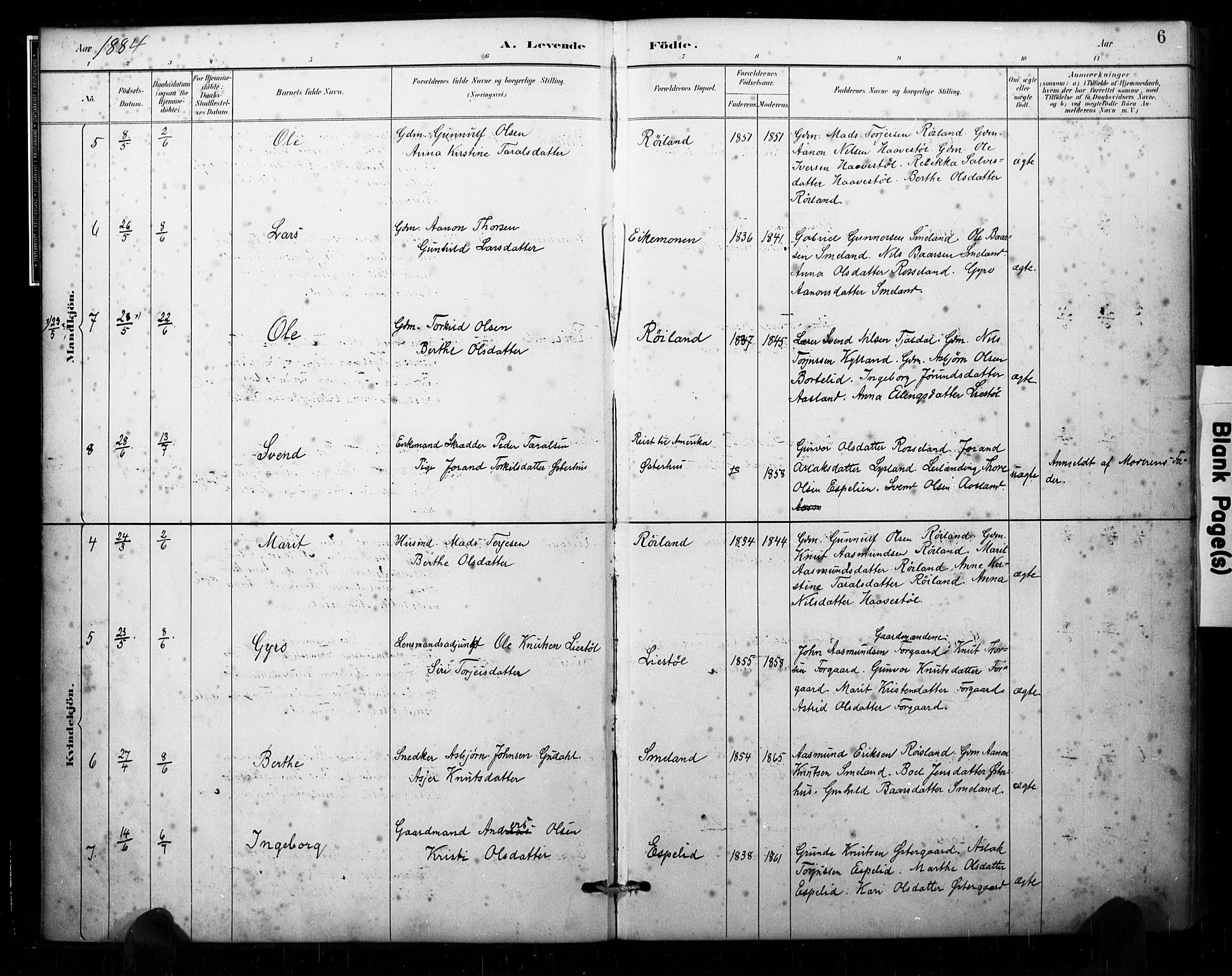 Åseral sokneprestkontor, AV/SAK-1111-0051/F/Fa/L0003: Parish register (official) no. A 3, 1884-1901, p. 6