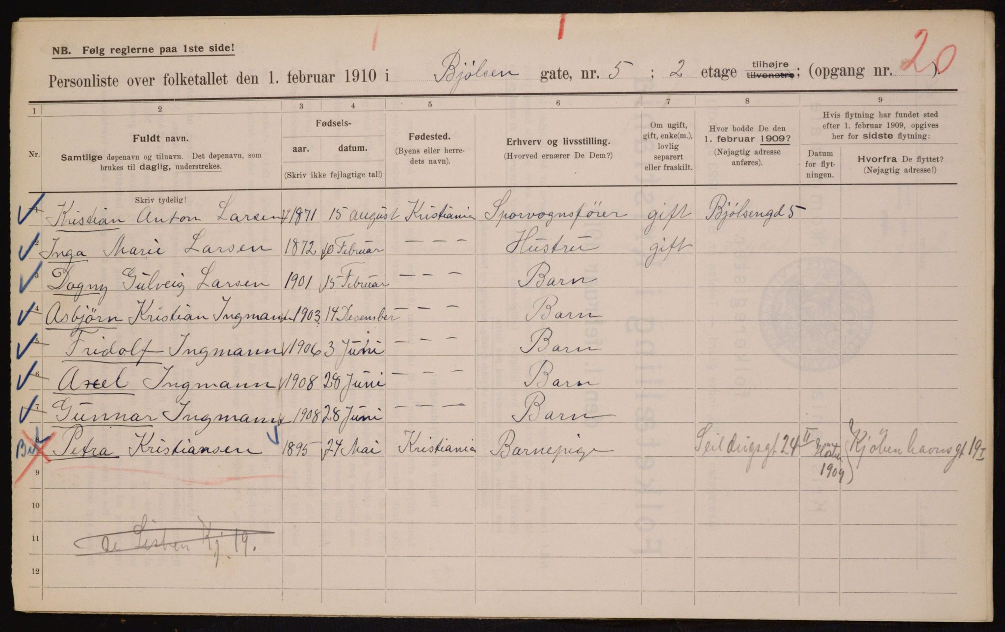 OBA, Municipal Census 1910 for Kristiania, 1910, p. 6251