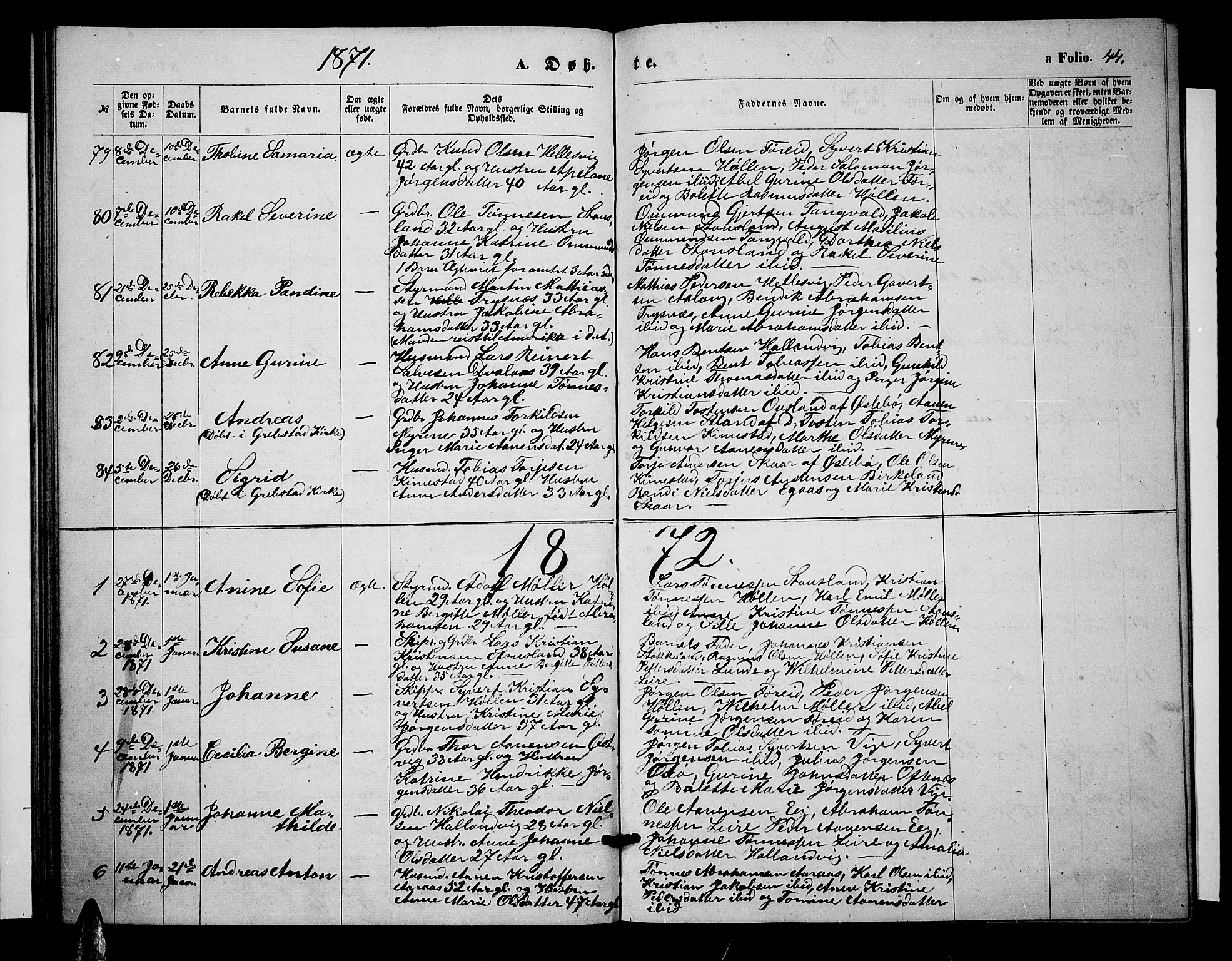 Søgne sokneprestkontor, SAK/1111-0037/F/Fb/Fbb/L0004: Parish register (copy) no. B 4, 1864-1883, p. 44