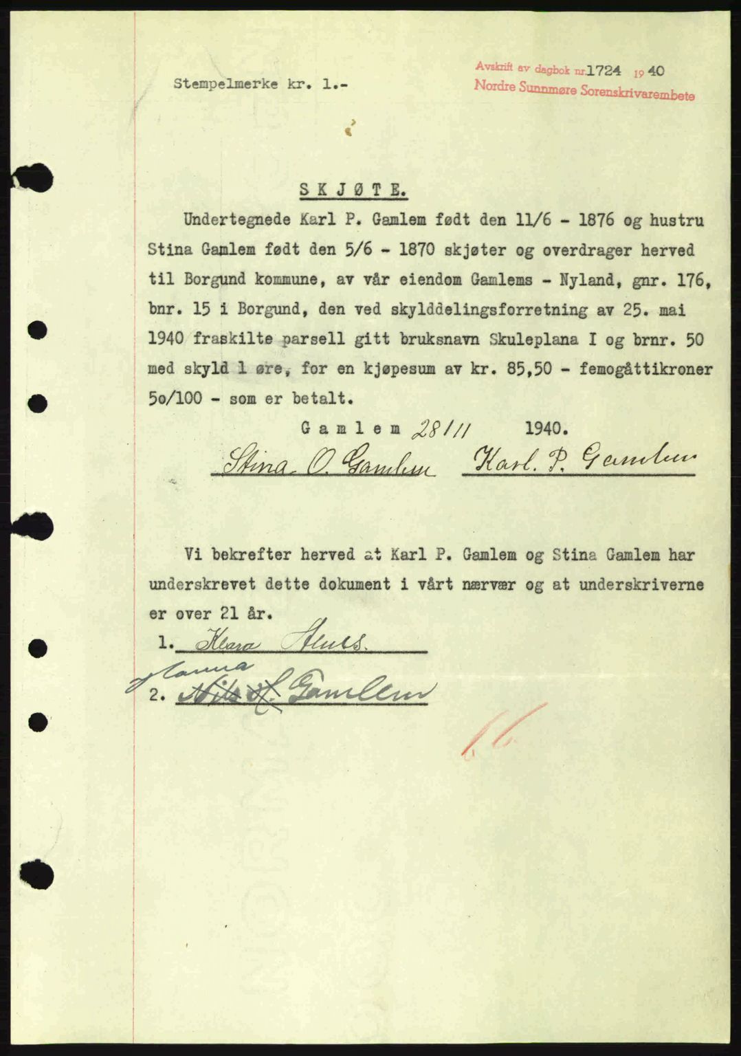 Nordre Sunnmøre sorenskriveri, AV/SAT-A-0006/1/2/2C/2Ca: Mortgage book no. A10, 1940-1941, Diary no: : 1724/1940