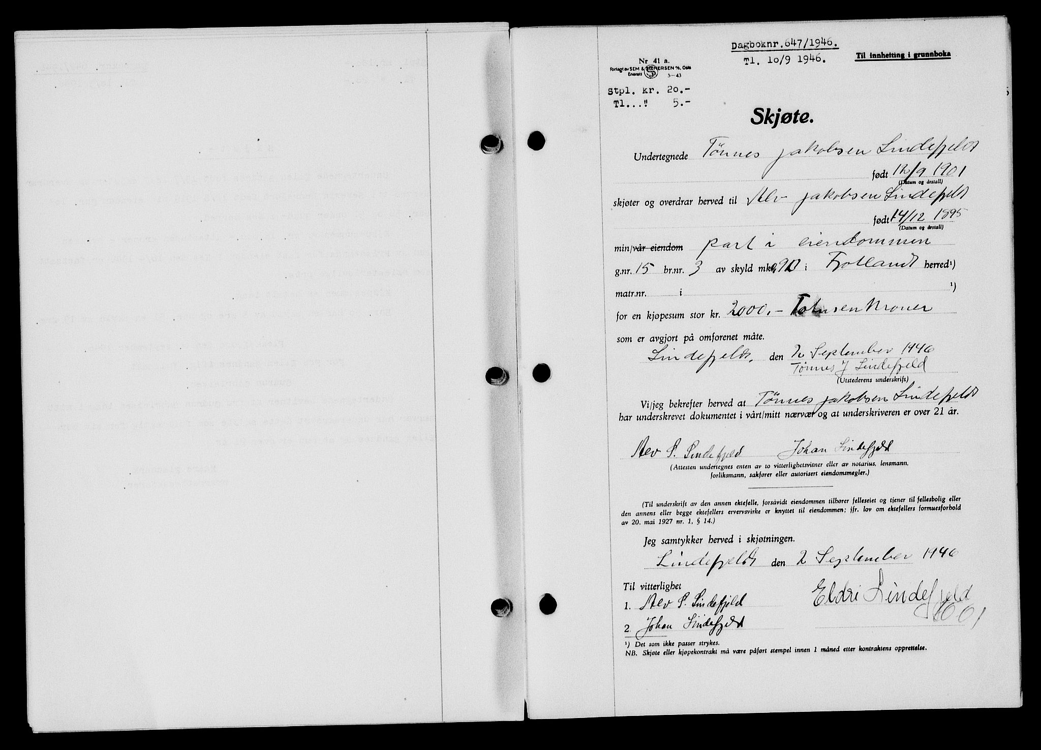 Flekkefjord sorenskriveri, SAK/1221-0001/G/Gb/Gba/L0060: Mortgage book no. A-8, 1945-1946, Diary no: : 647/1946