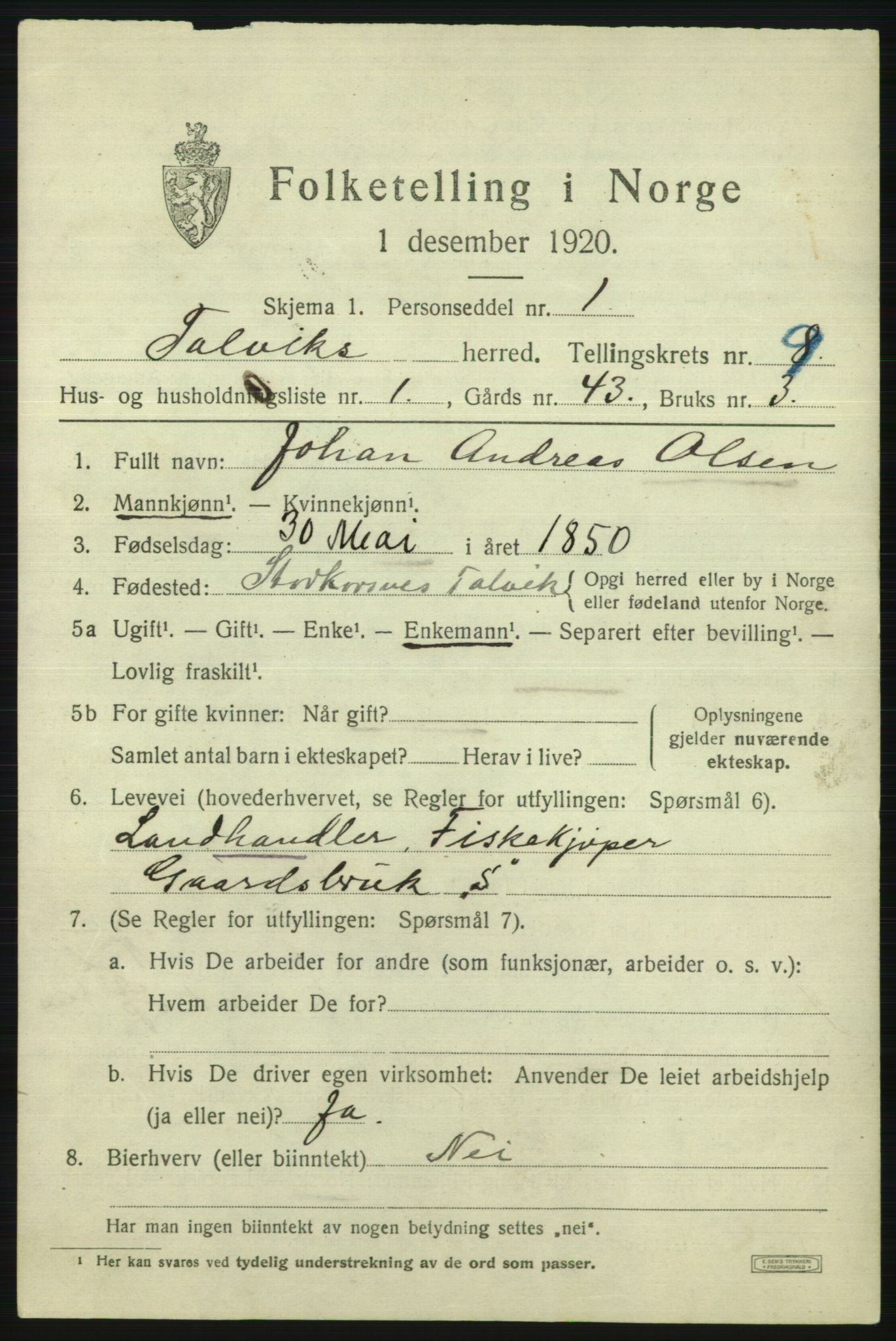 SATØ, 1920 census for Talvik, 1920, p. 5534