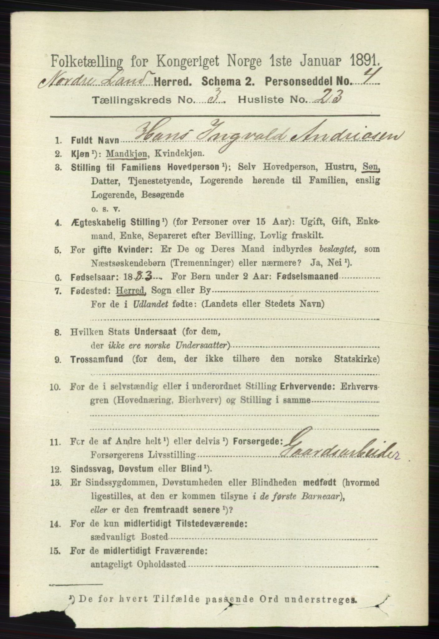 RA, 1891 census for 0538 Nordre Land, 1891, p. 1069