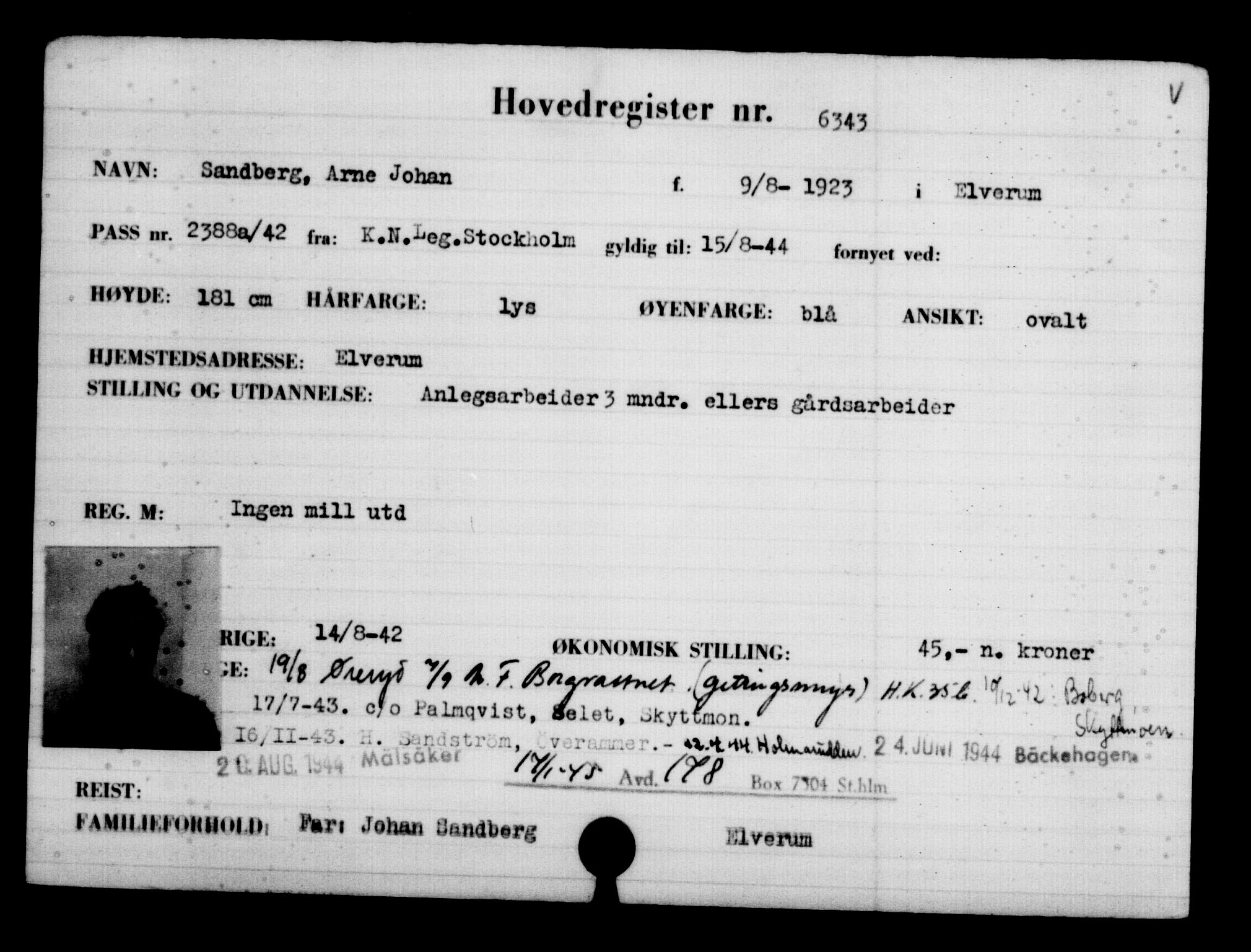 Utenriksstasjonene, Legasjonen i Stockholm, Flyktningkontoret, AV/RA-S-6753/V/Va/L0004: Kjesäterkartoteket, flyktninger med registreringsnr. 3496-6610, 1940-1945, p. 3365