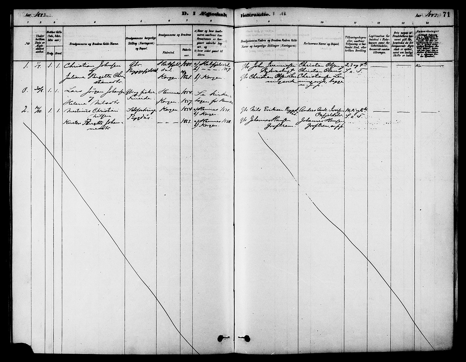 Ministerialprotokoller, klokkerbøker og fødselsregistre - Nordland, AV/SAT-A-1459/826/L0379: Parish register (official) no. 826A02, 1878-1895, p. 71