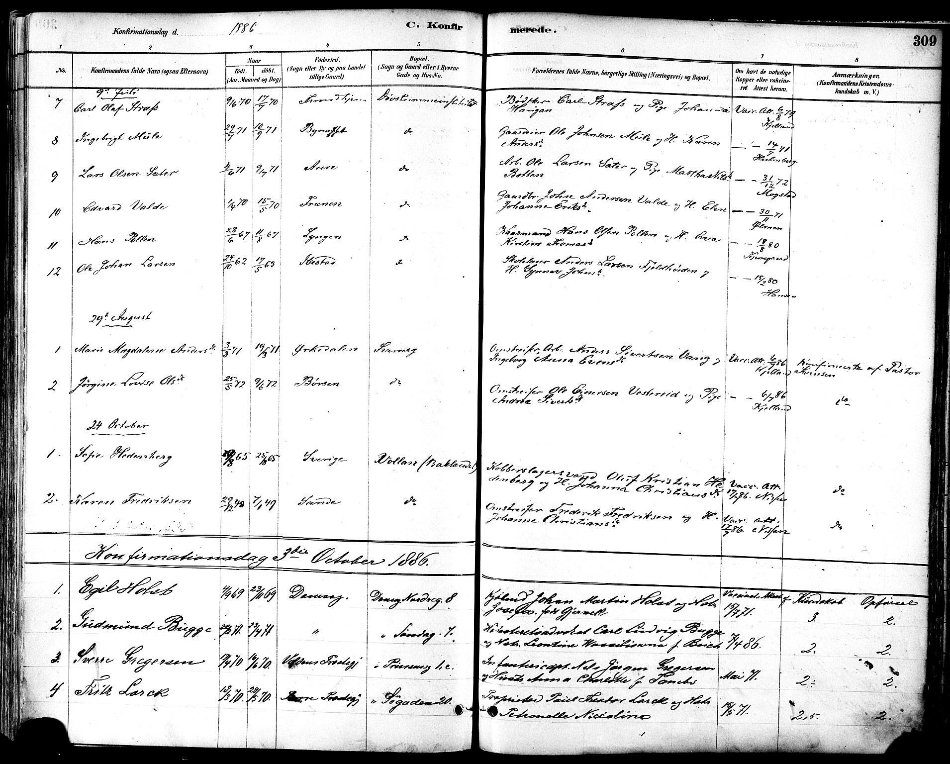 Ministerialprotokoller, klokkerbøker og fødselsregistre - Sør-Trøndelag, AV/SAT-A-1456/601/L0057: Parish register (official) no. 601A25, 1877-1891, p. 309