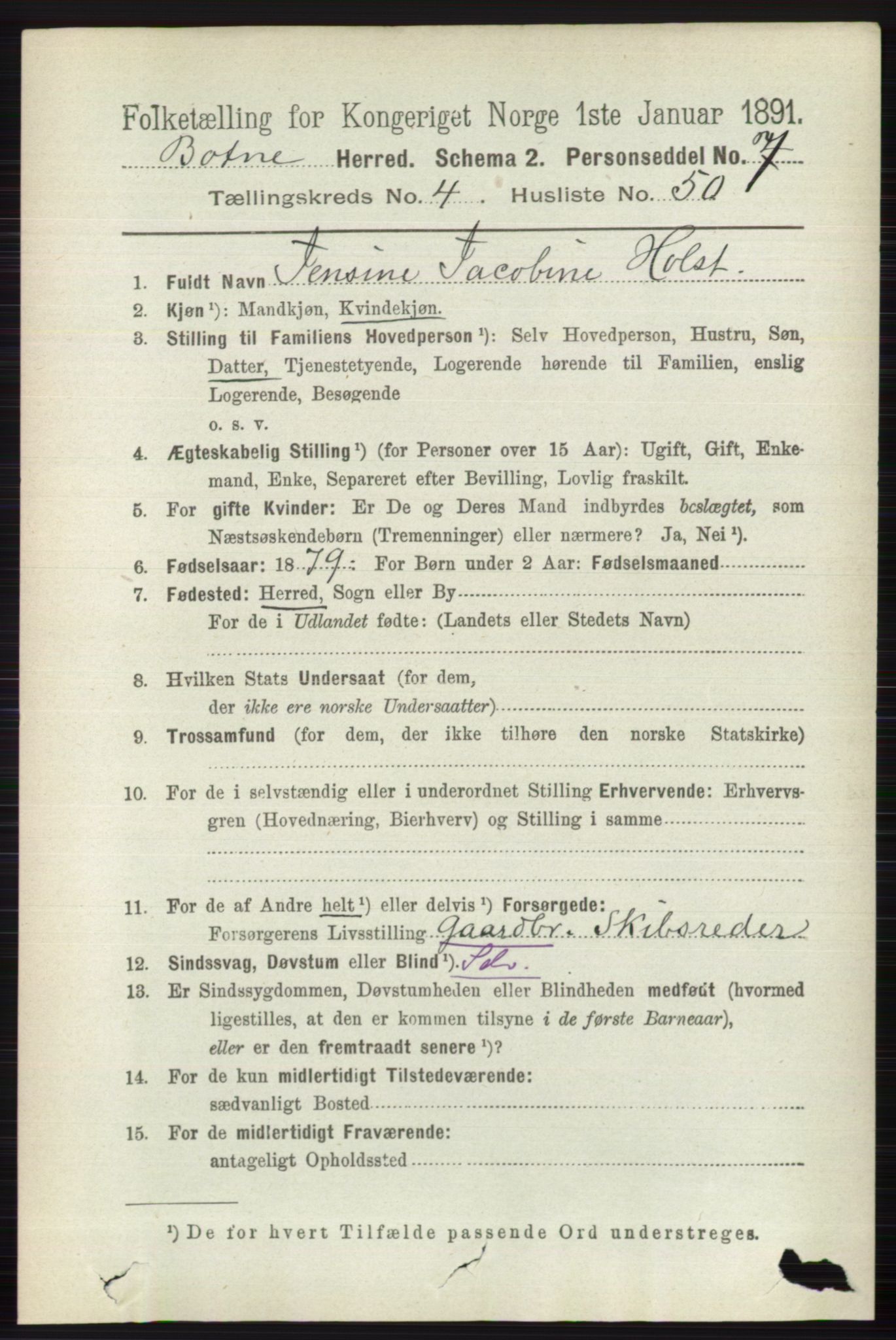 RA, 1891 census for 0715 Botne, 1891, p. 1893