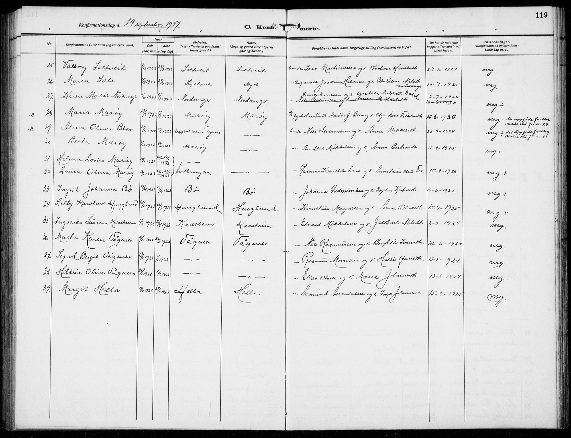 Manger sokneprestembete, AV/SAB-A-76801/H/Hab: Parish register (copy) no. B  5, 1922-1938, p. 119