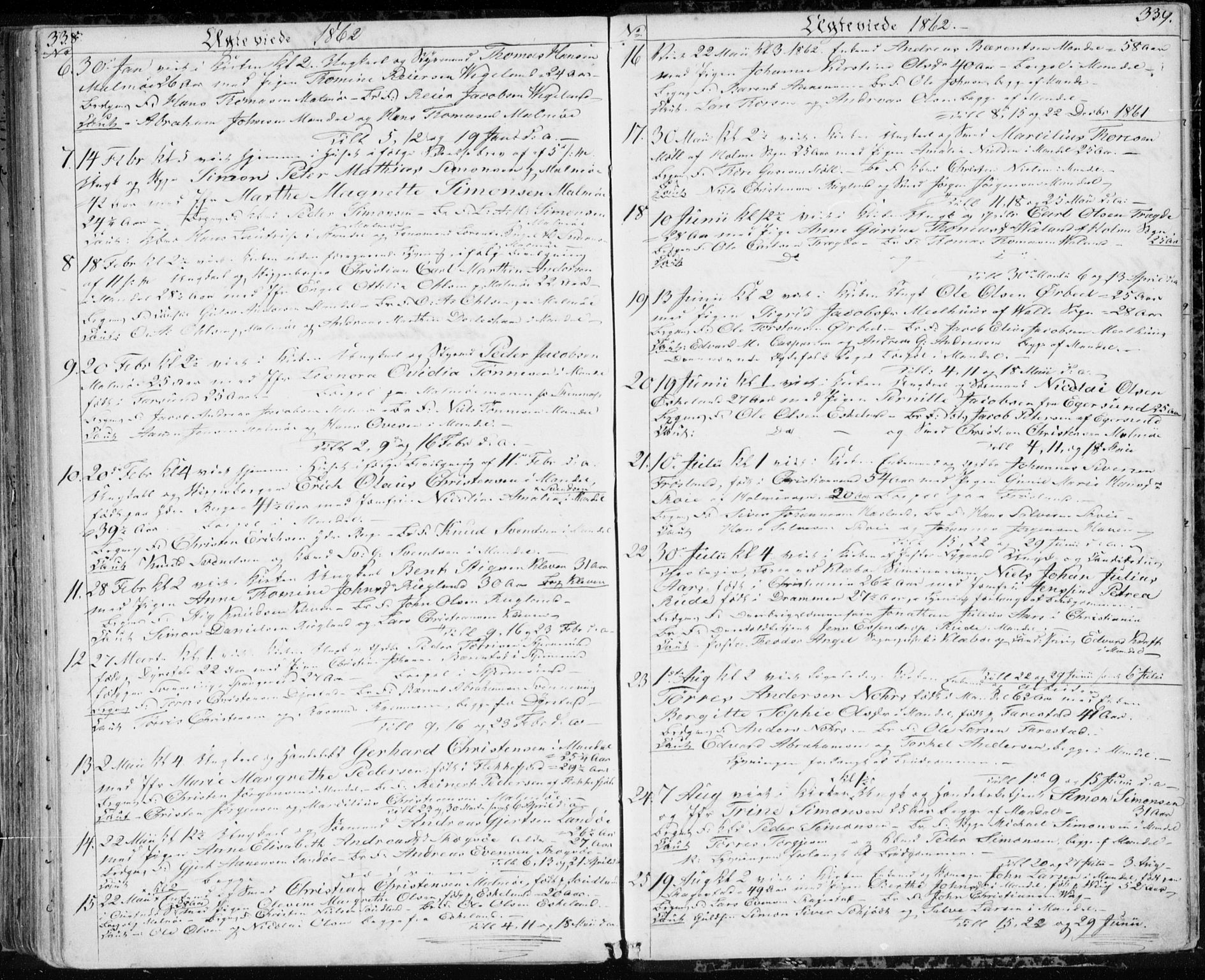 Mandal sokneprestkontor, AV/SAK-1111-0030/F/Fb/Fba/L0008: Parish register (copy) no. B 2, 1854-1868, p. 338-339