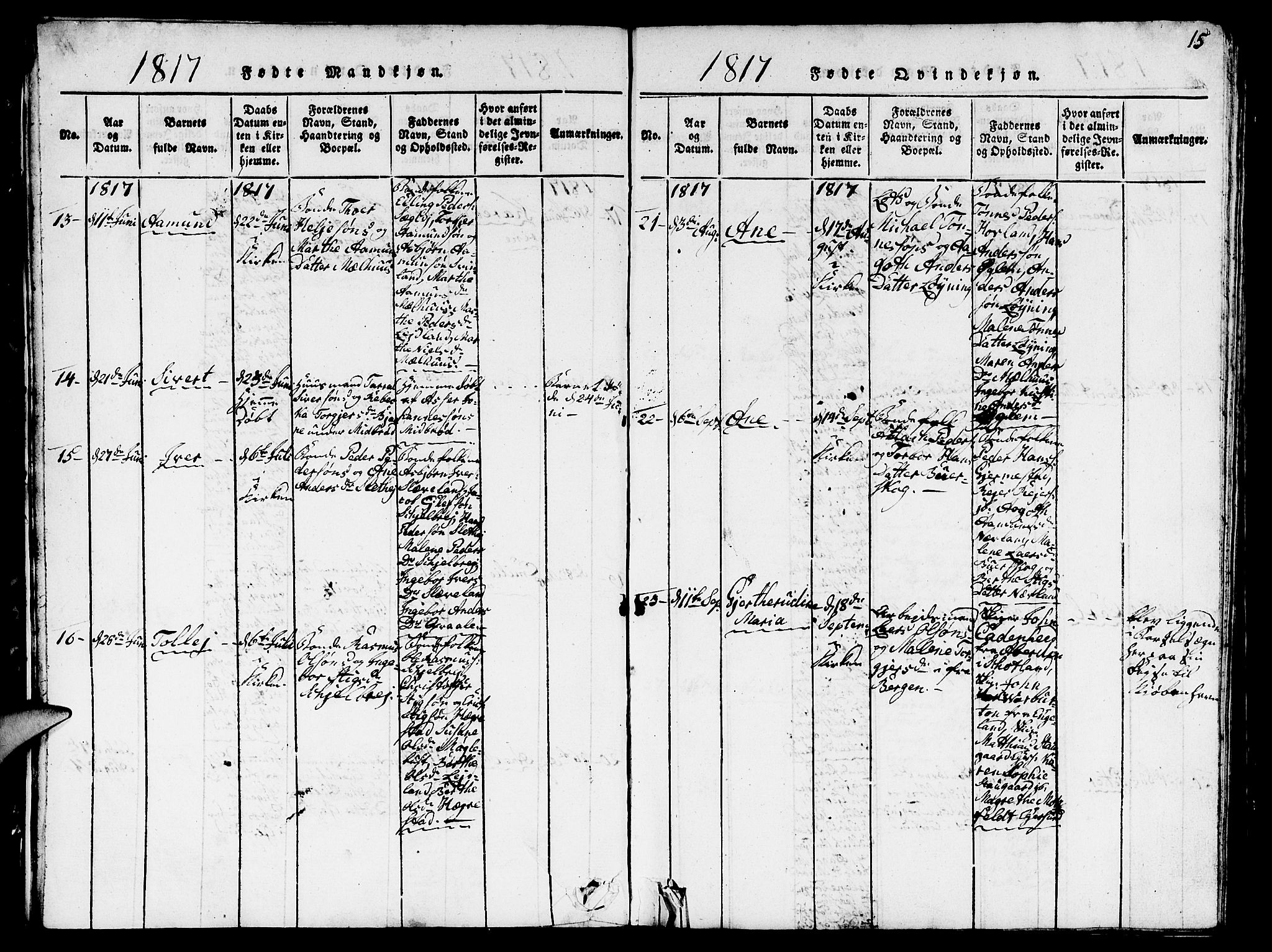 Eigersund sokneprestkontor, AV/SAST-A-101807/S09/L0001: Parish register (copy) no. B 1, 1815-1827, p. 15