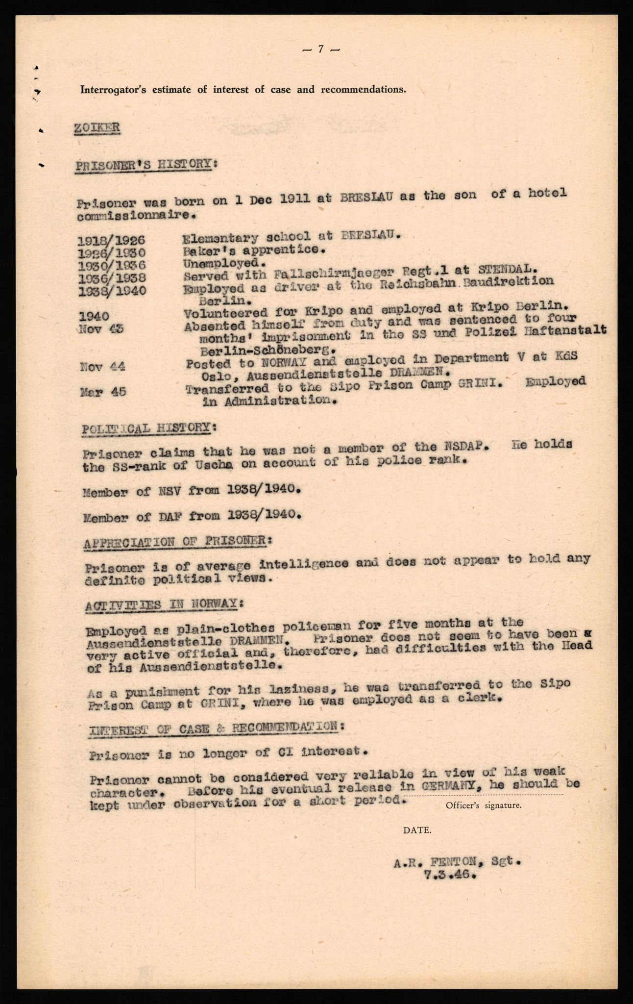 Forsvaret, Forsvarets overkommando II, AV/RA-RAFA-3915/D/Db/L0037: CI Questionaires. Tyske okkupasjonsstyrker i Norge. Tyskere., 1945-1946, p. 449