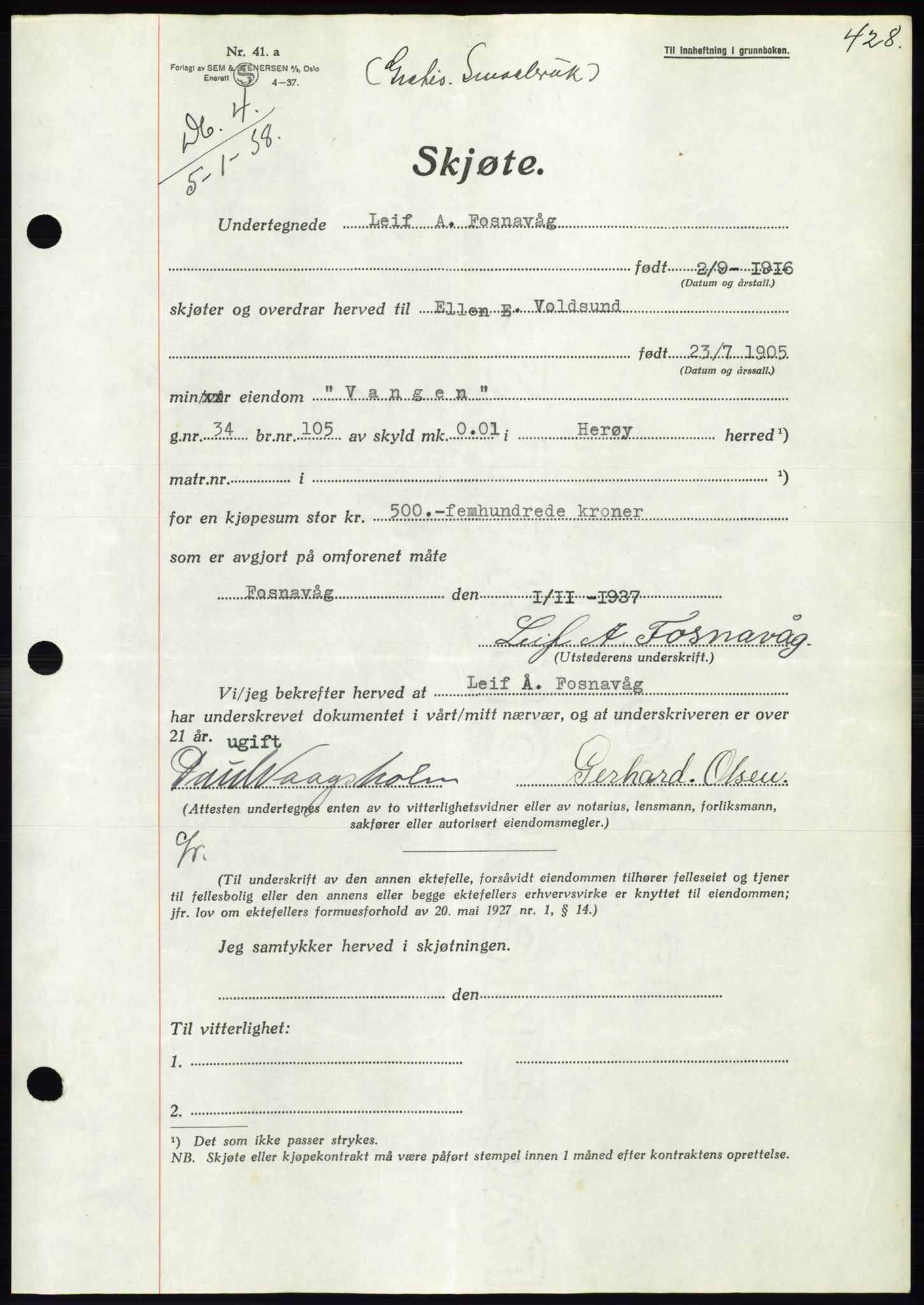 Søre Sunnmøre sorenskriveri, AV/SAT-A-4122/1/2/2C/L0064: Mortgage book no. 58, 1937-1938, Diary no: : 4/1938