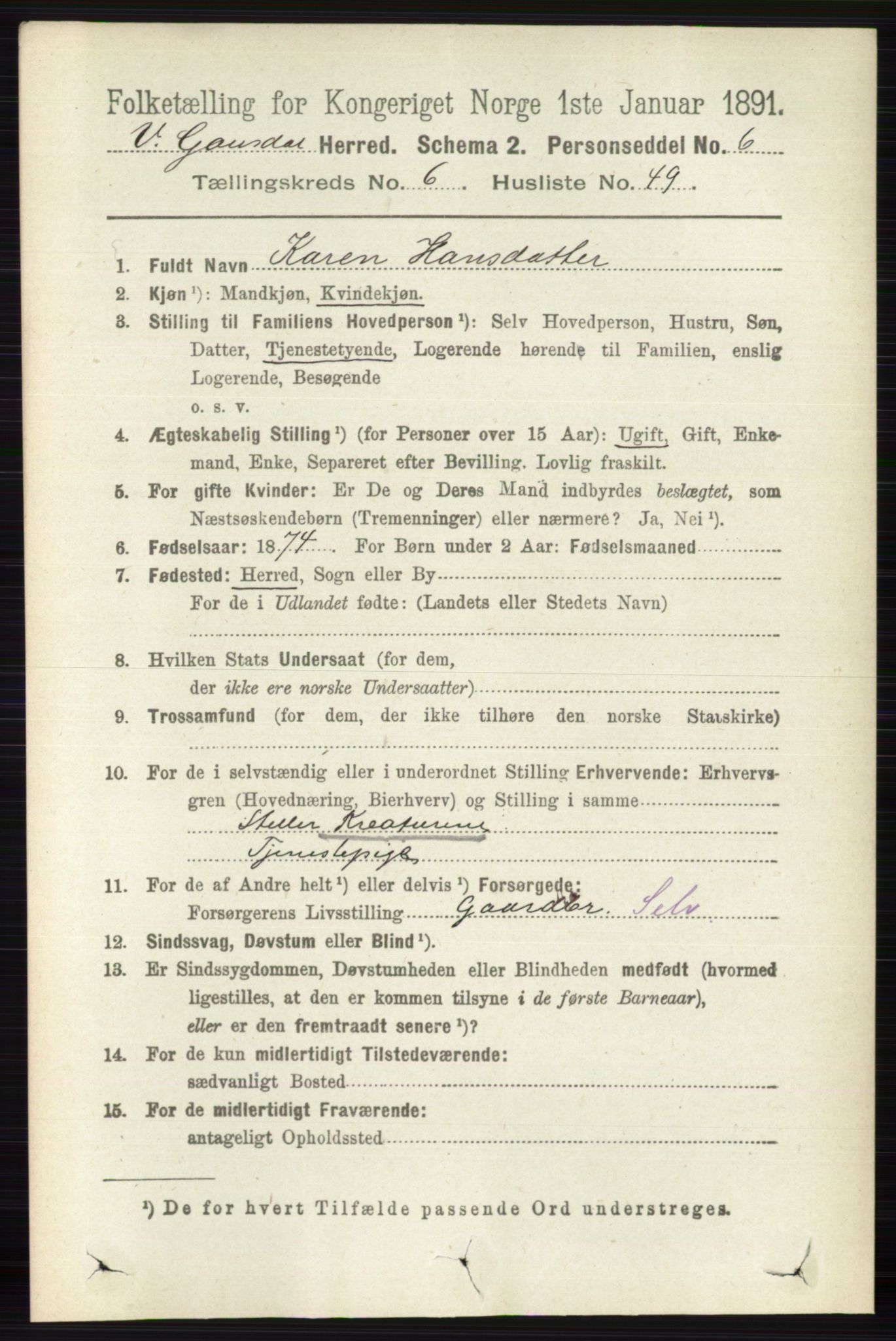 RA, 1891 census for 0523 Vestre Gausdal, 1891, p. 2829