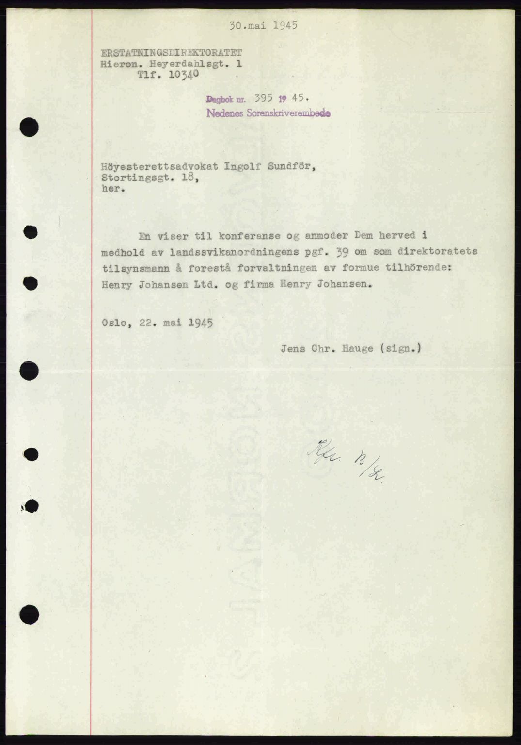 Nedenes sorenskriveri, SAK/1221-0006/G/Gb/Gba/L0052: Mortgage book no. A6a, 1944-1945, Diary no: : 395/1945