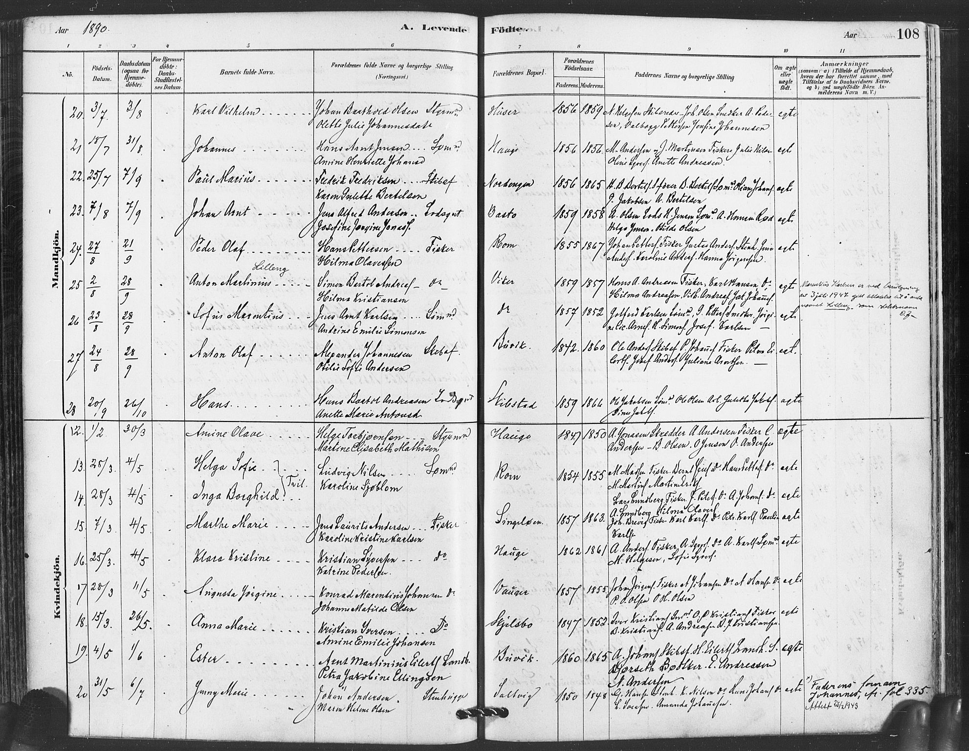 Hvaler prestekontor Kirkebøker, AV/SAO-A-2001/F/Fa/L0008: Parish register (official) no. I 8, 1878-1895, p. 108