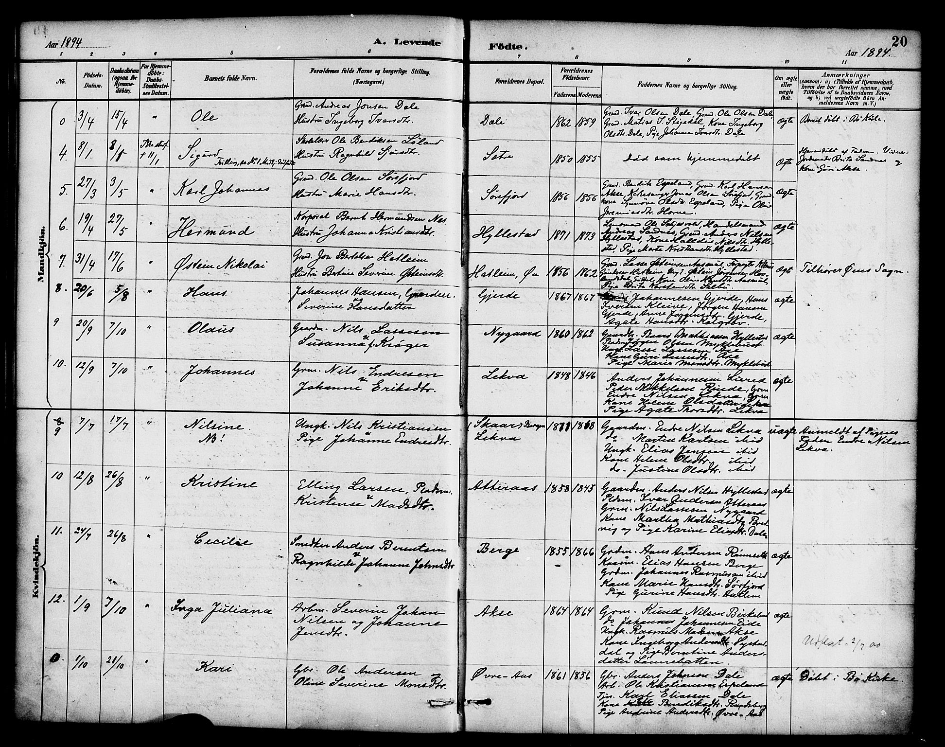 Hyllestad sokneprestembete, SAB/A-80401: Parish register (official) no. B 1, 1886-1904, p. 20