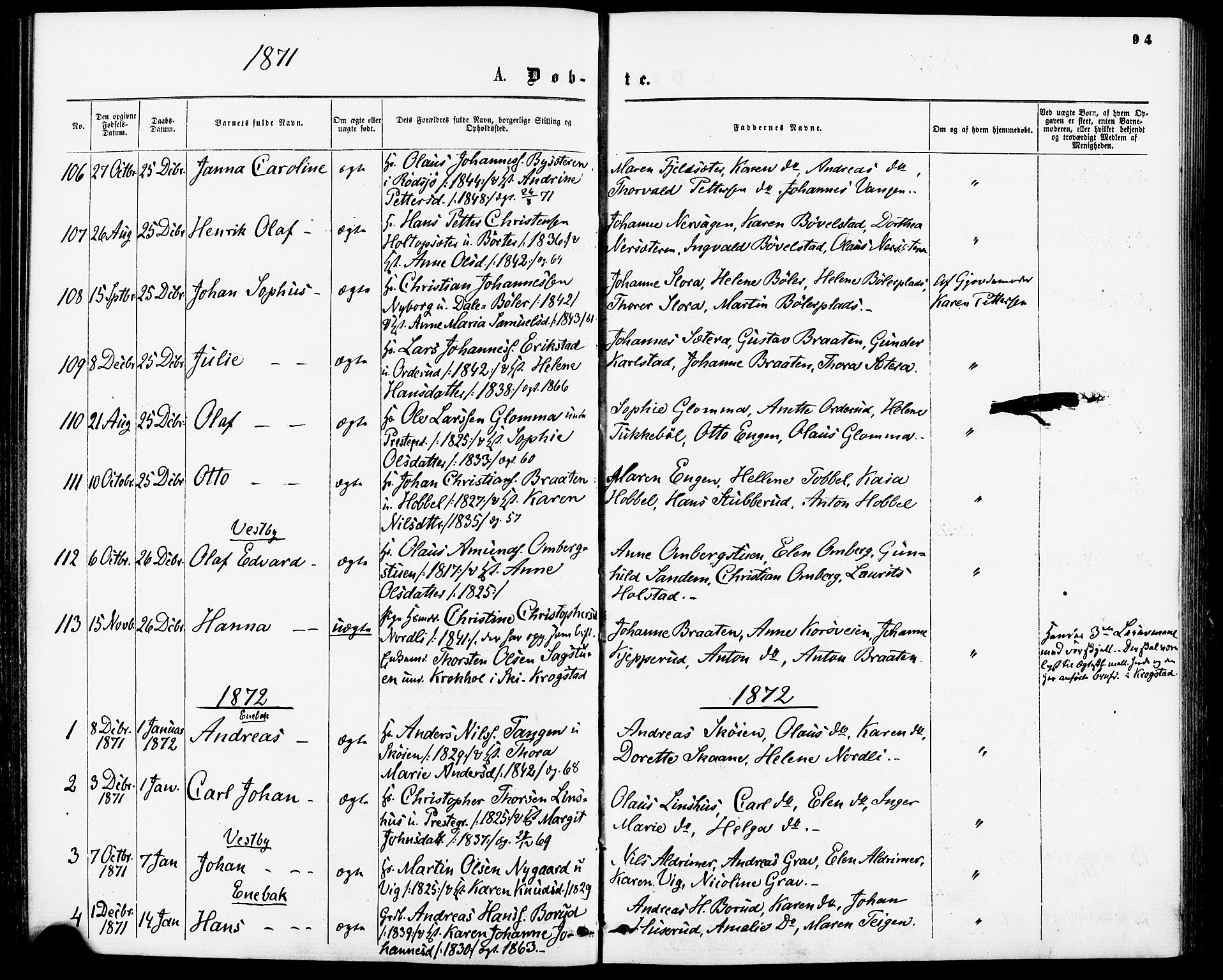Enebakk prestekontor Kirkebøker, AV/SAO-A-10171c/F/Fa/L0011: Parish register (official) no. I 11, 1862-1882, p. 94