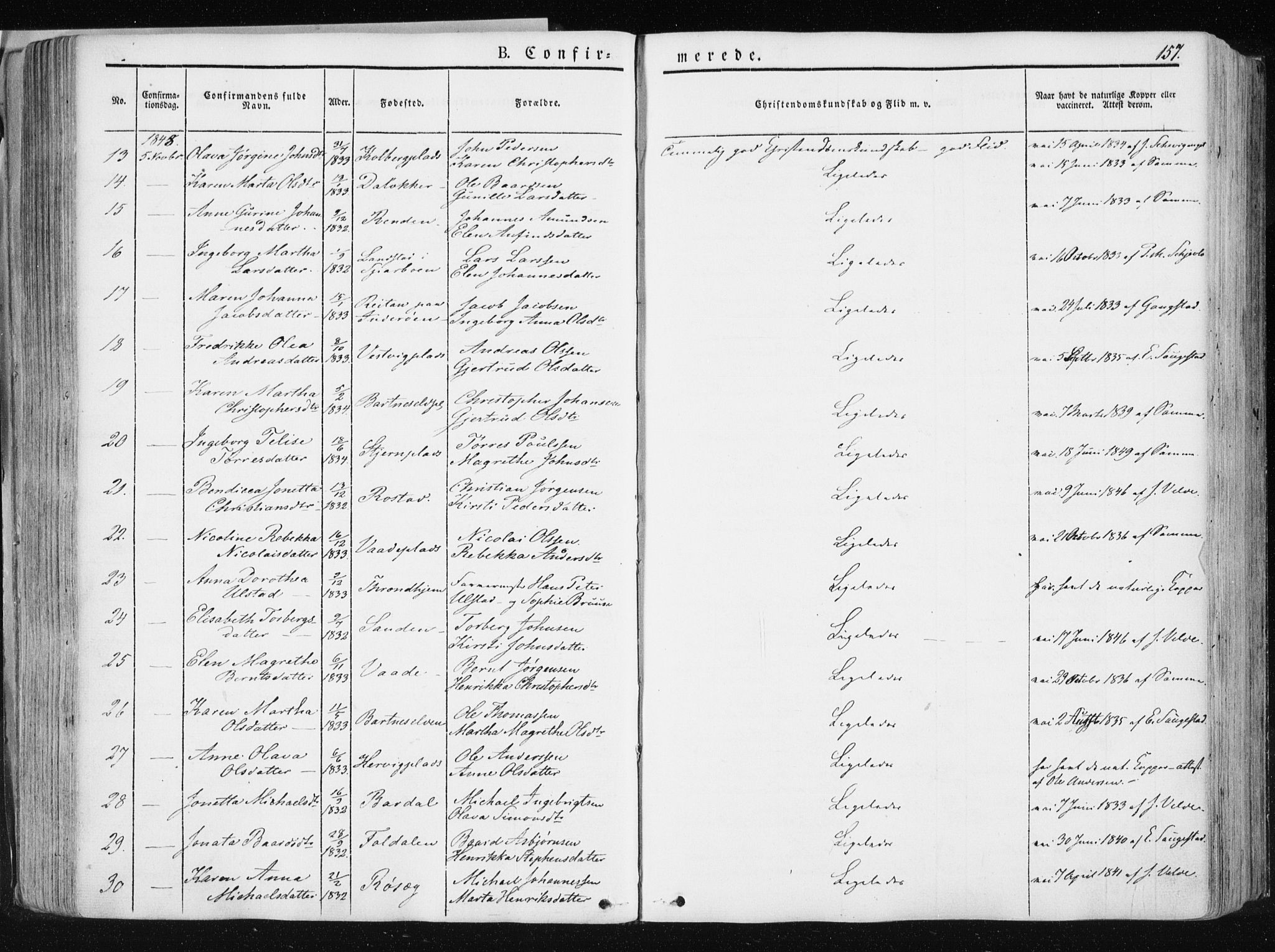 Ministerialprotokoller, klokkerbøker og fødselsregistre - Nord-Trøndelag, AV/SAT-A-1458/741/L0393: Parish register (official) no. 741A07, 1849-1863, p. 157