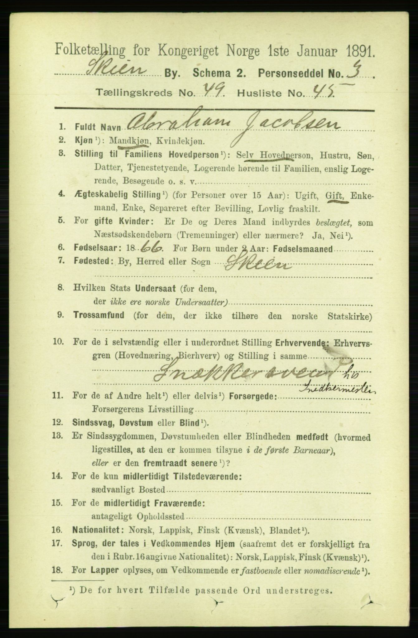 RA, 1891 census for 0806 Skien, 1891, p. 10720