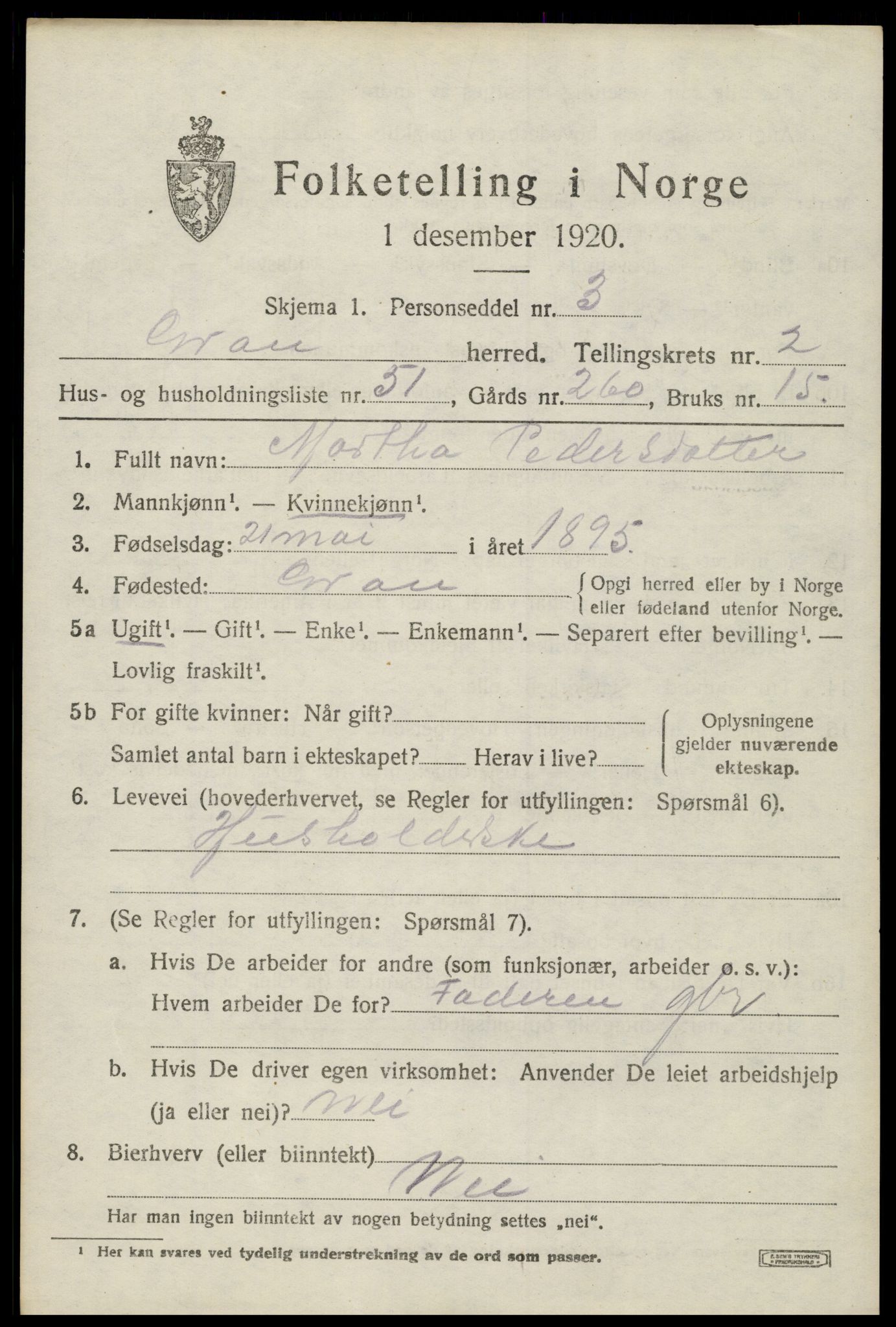 SAH, 1920 census for Gran, 1920, p. 3750