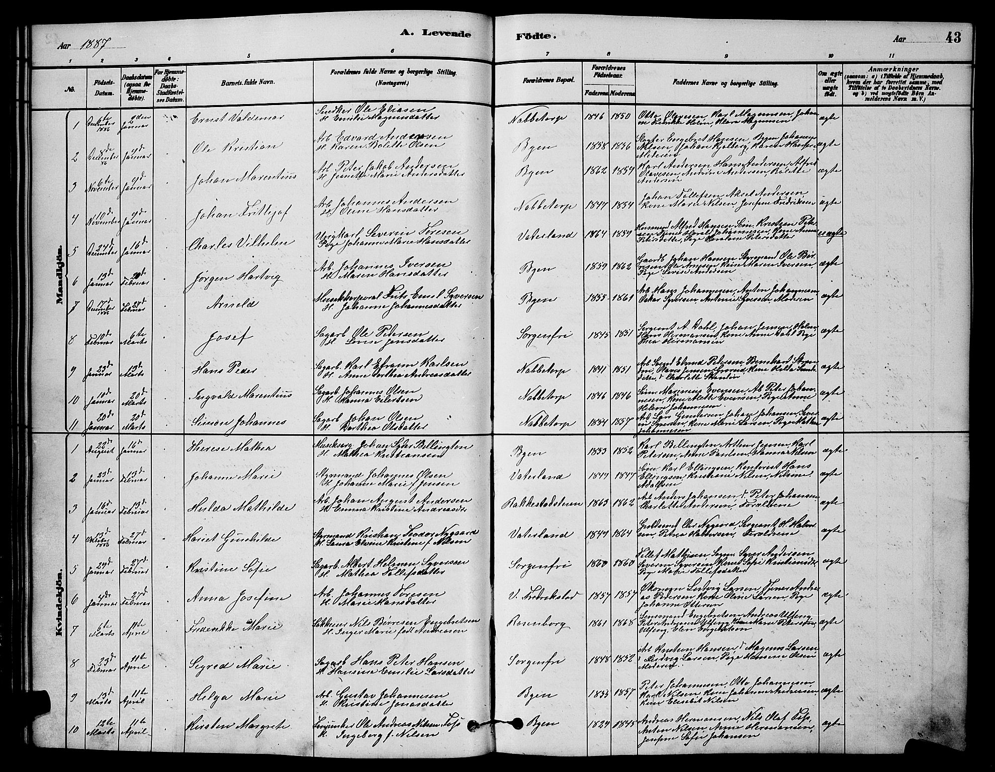Østre Fredrikstad prestekontor Kirkebøker, SAO/A-10907/G/Ga/L0001: Parish register (copy) no. 1, 1880-1899, p. 43