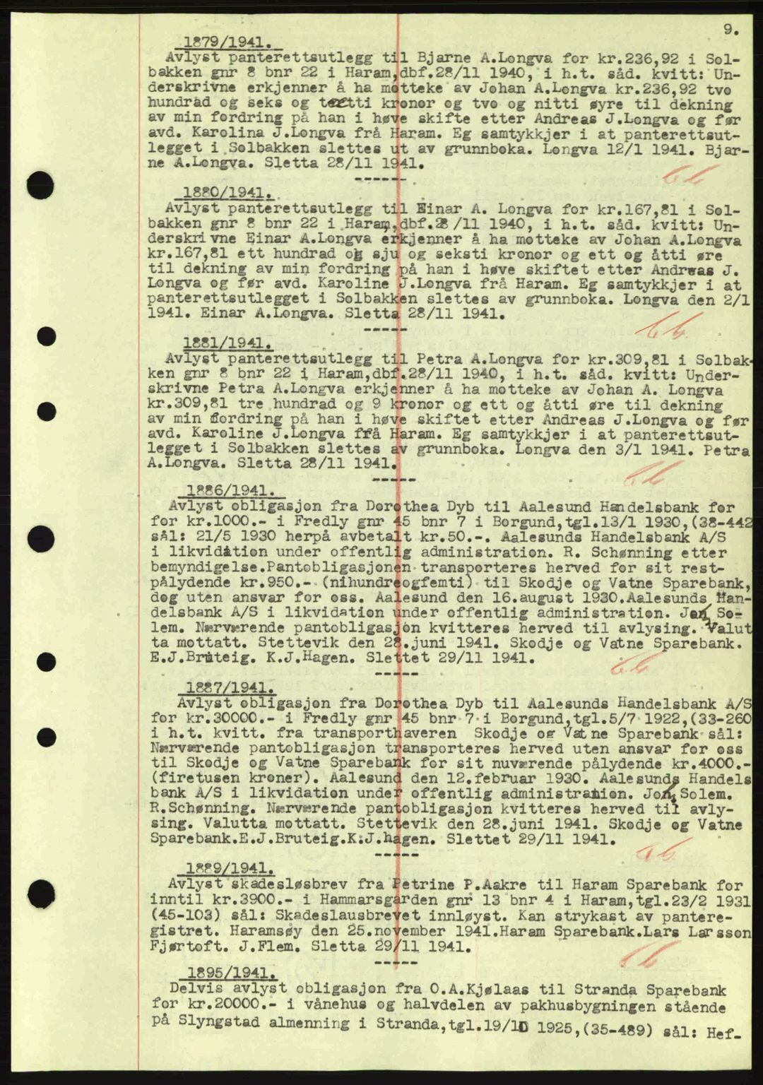 Nordre Sunnmøre sorenskriveri, AV/SAT-A-0006/1/2/2C/2Ca: Mortgage book no. B1-6, 1938-1942, Diary no: : 1879/1941