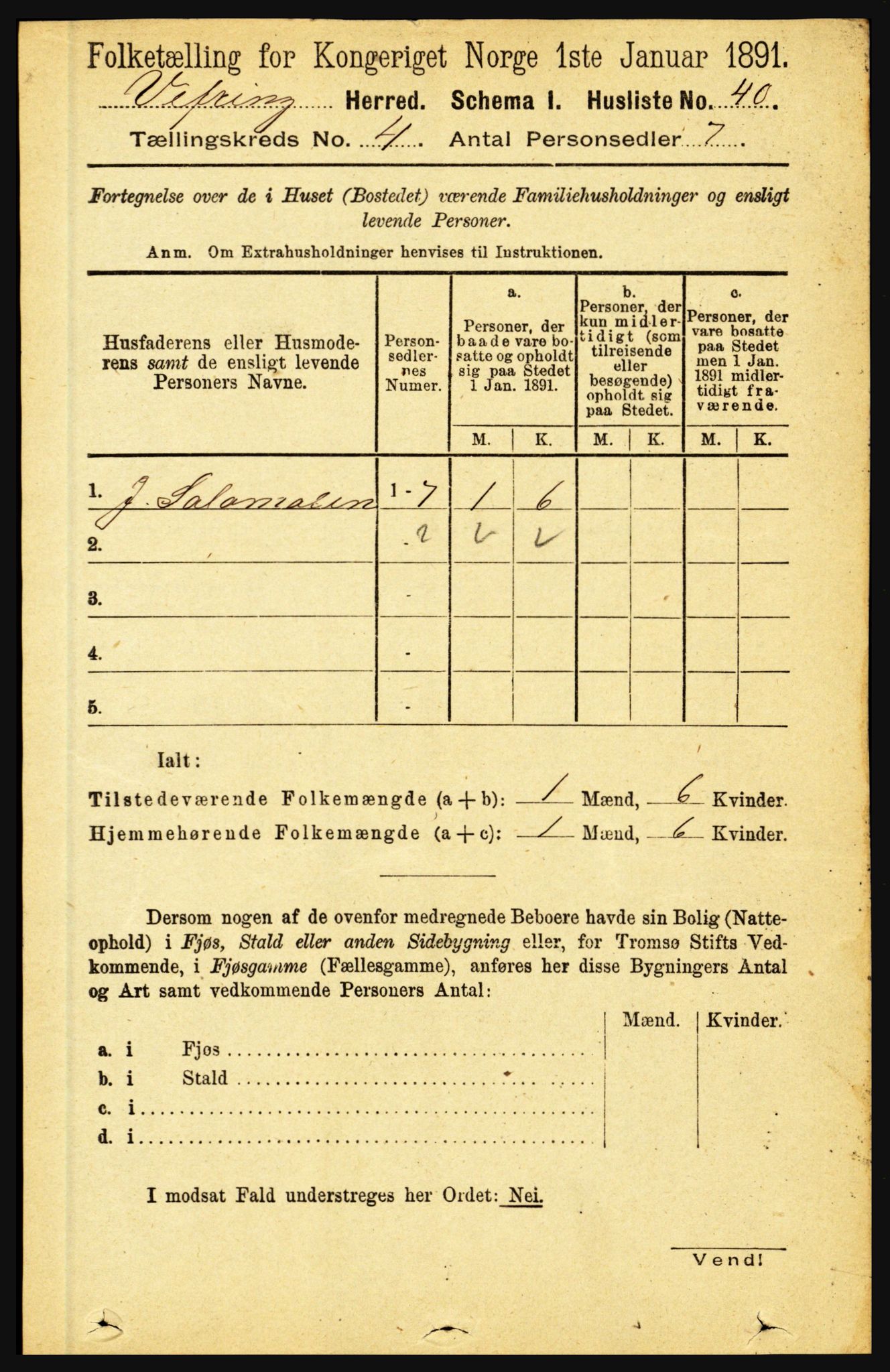 RA, 1891 census for 1434 Vevring, 1891, p. 1188