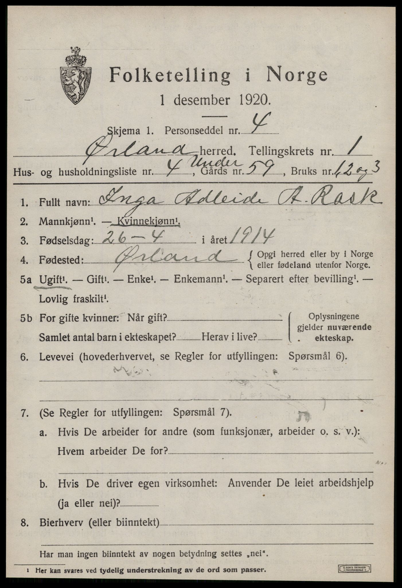 SAT, 1920 census for Ørland, 1920, p. 1397