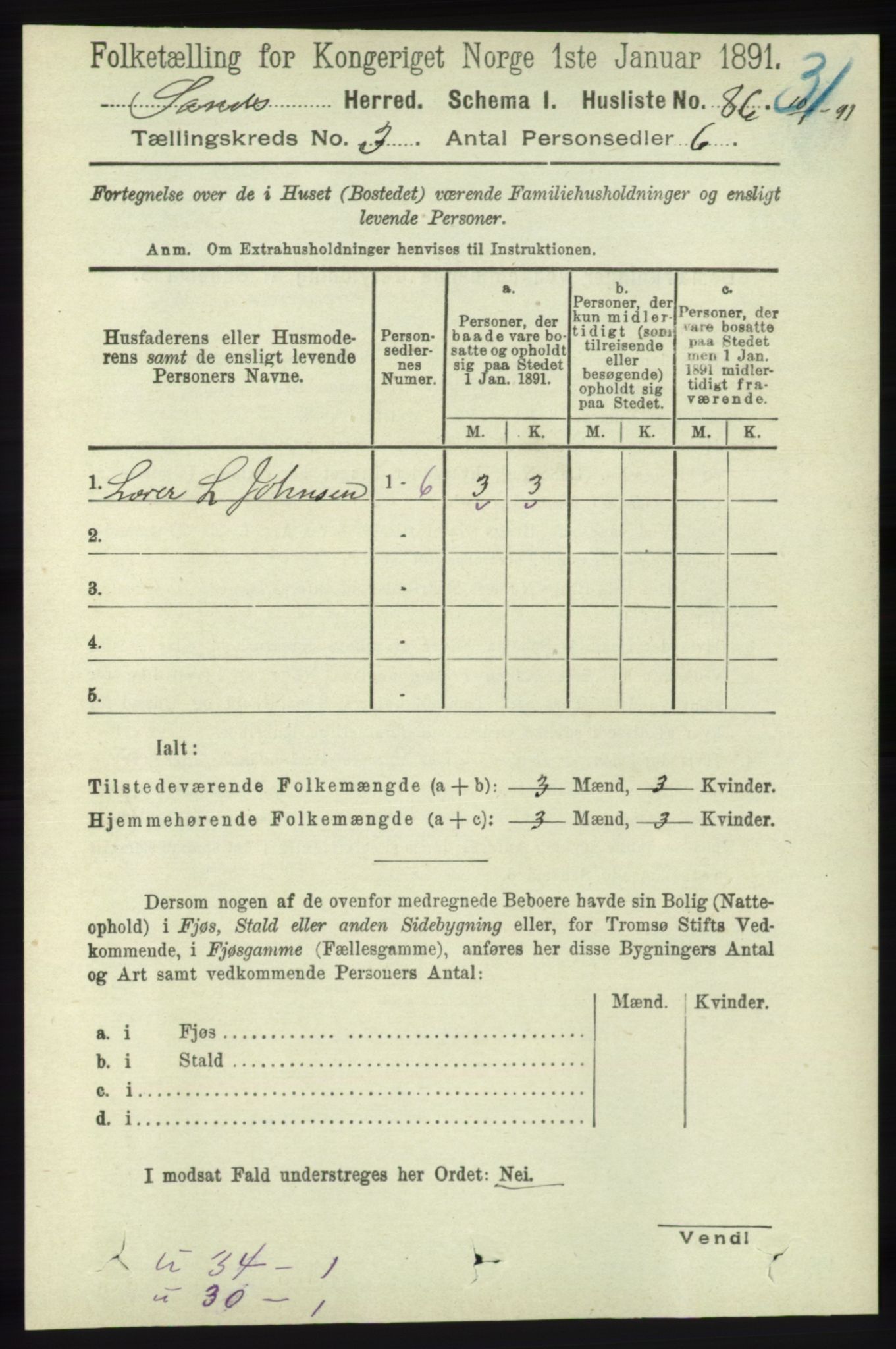 RA, 1891 census for 1136 Sand, 1891, p. 663