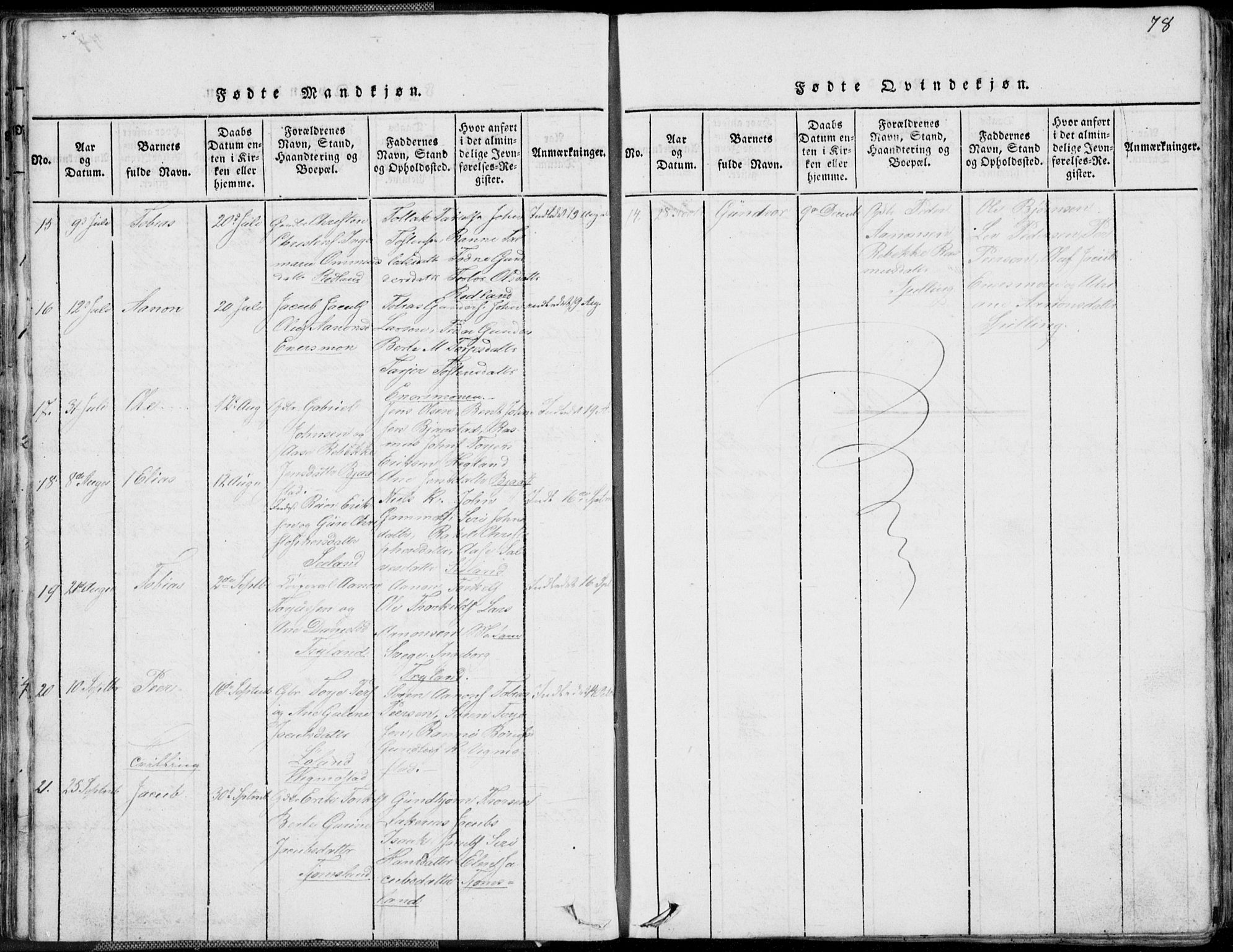 Nord-Audnedal sokneprestkontor, AV/SAK-1111-0032/F/Fb/Fbb/L0001: Parish register (copy) no. B 1, 1816-1858, p. 78