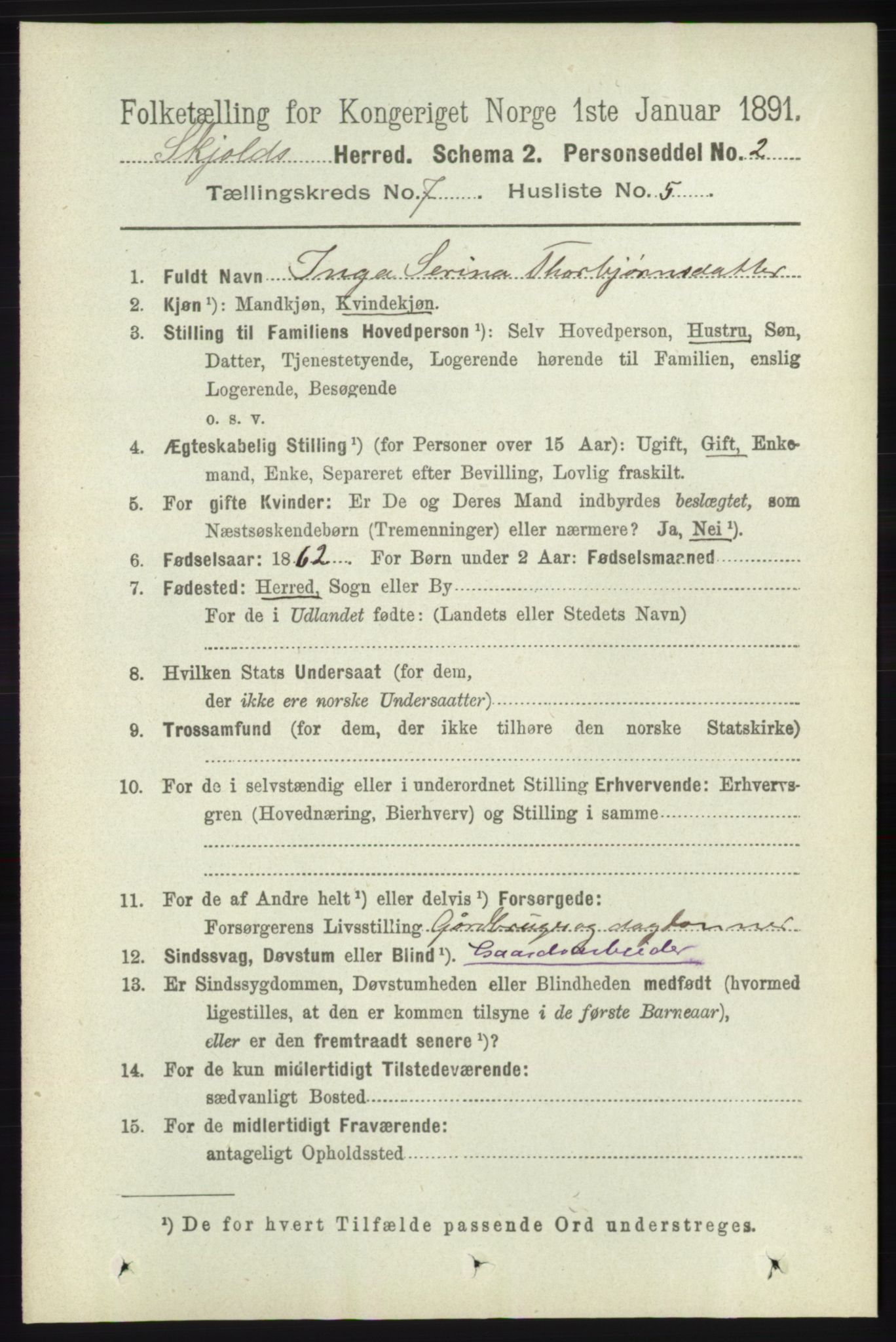 RA, 1891 census for 1154 Skjold, 1891, p. 1366