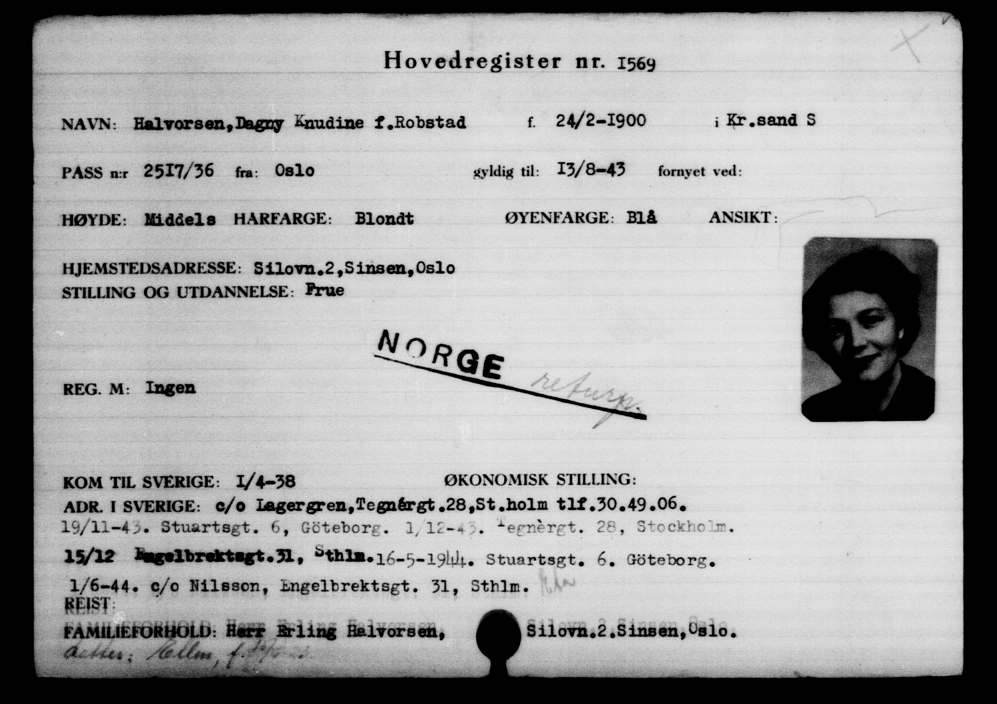 Den Kgl. Norske Legasjons Flyktningskontor, AV/RA-S-6753/V/Va/L0002: Kjesäterkartoteket.  Flyktningenr. 1001-2000, 1940-1945, p. 813