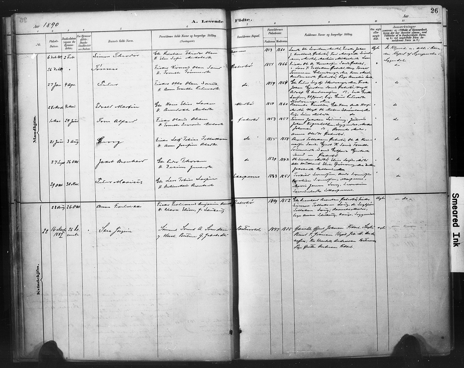 Flekkefjord sokneprestkontor, AV/SAK-1111-0012/F/Fa/Fab/L0006: Parish register (official) no. A 6, 1886-1901, p. 26