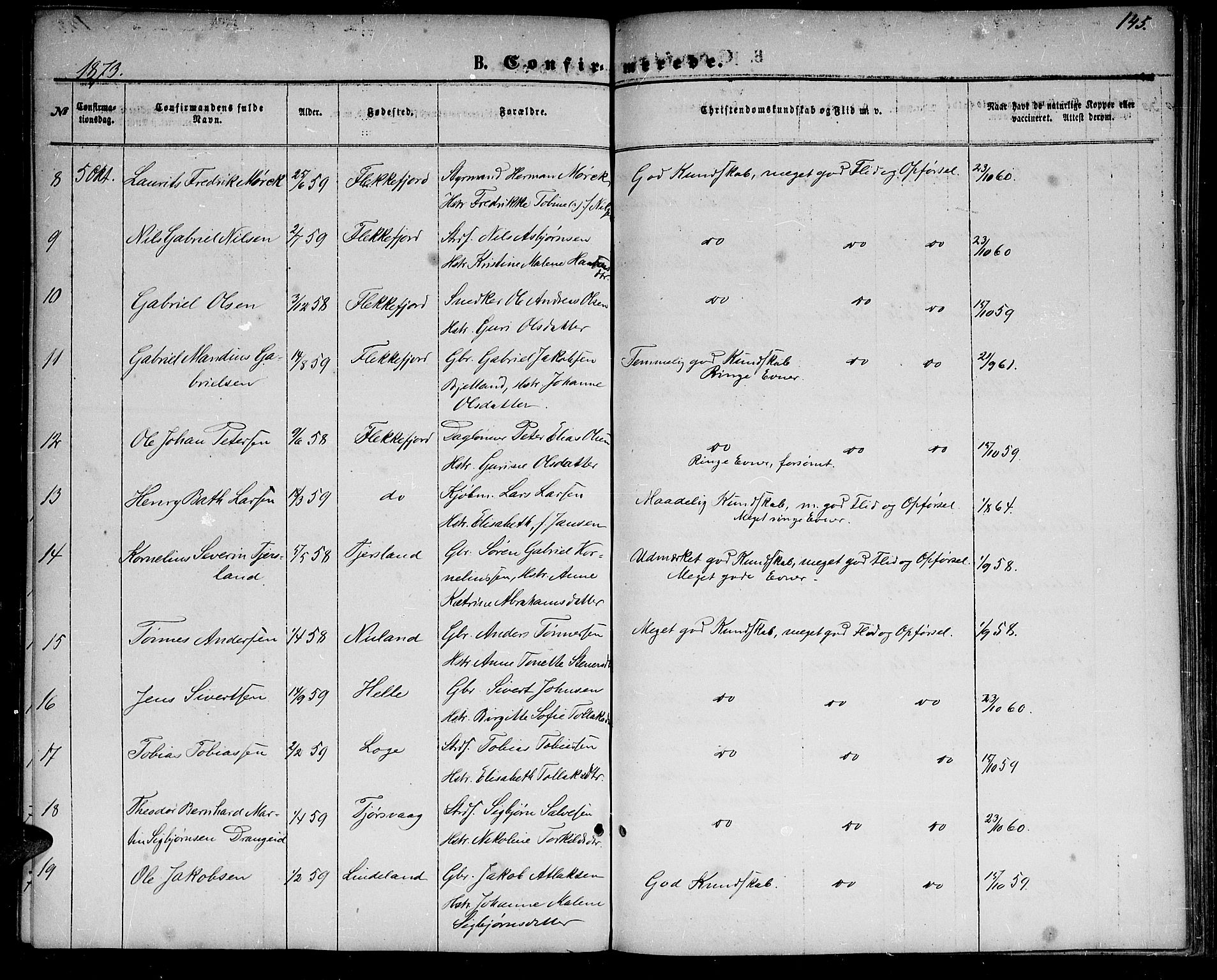 Flekkefjord sokneprestkontor, AV/SAK-1111-0012/F/Fb/Fbc/L0006: Parish register (copy) no. B 6, 1866-1879, p. 145