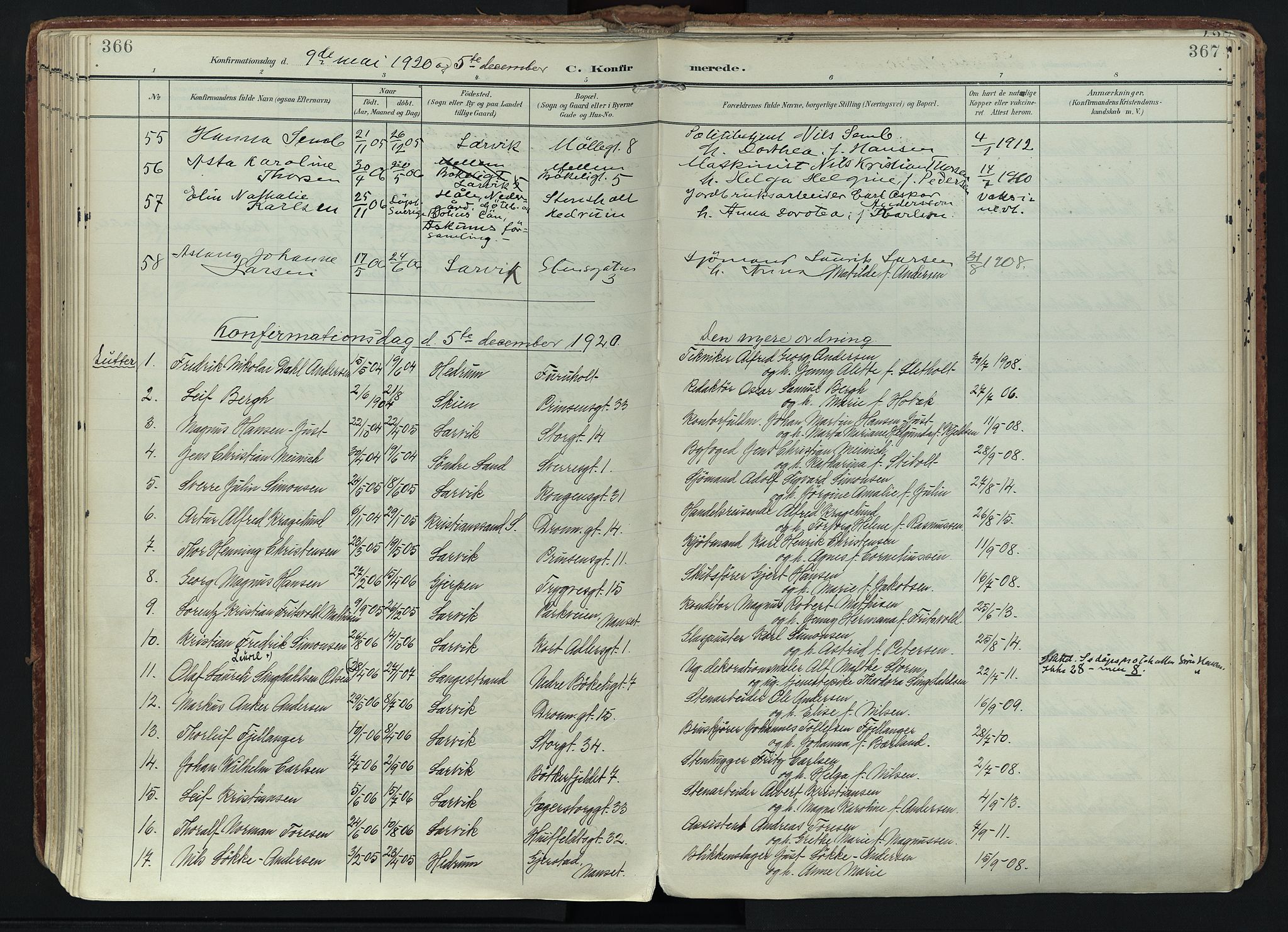 Larvik kirkebøker, AV/SAKO-A-352/F/Fa/L0011: Parish register (official) no. I 11, 1902-1922, p. 366-367