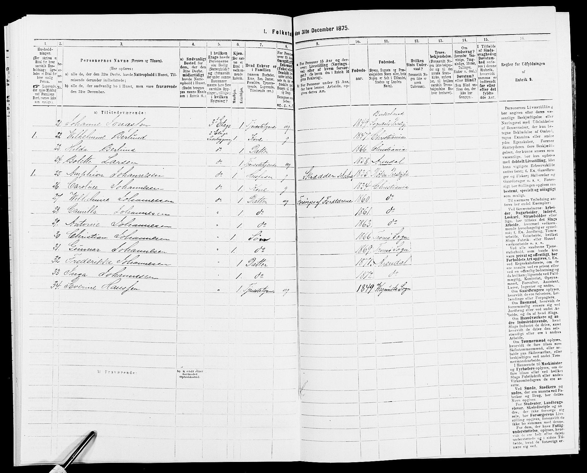 SAK, 1875 census for 0903P Arendal, 1875, p. 187