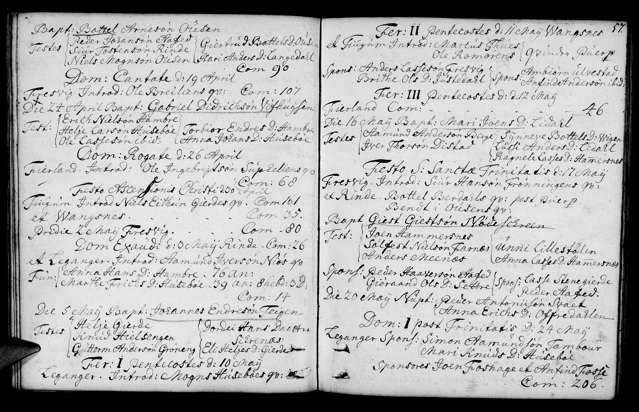 Leikanger sokneprestembete, AV/SAB-A-81001/H/Haa/Haaa/L0003: Parish register (official) no. A 3, 1756-1770, p. 57