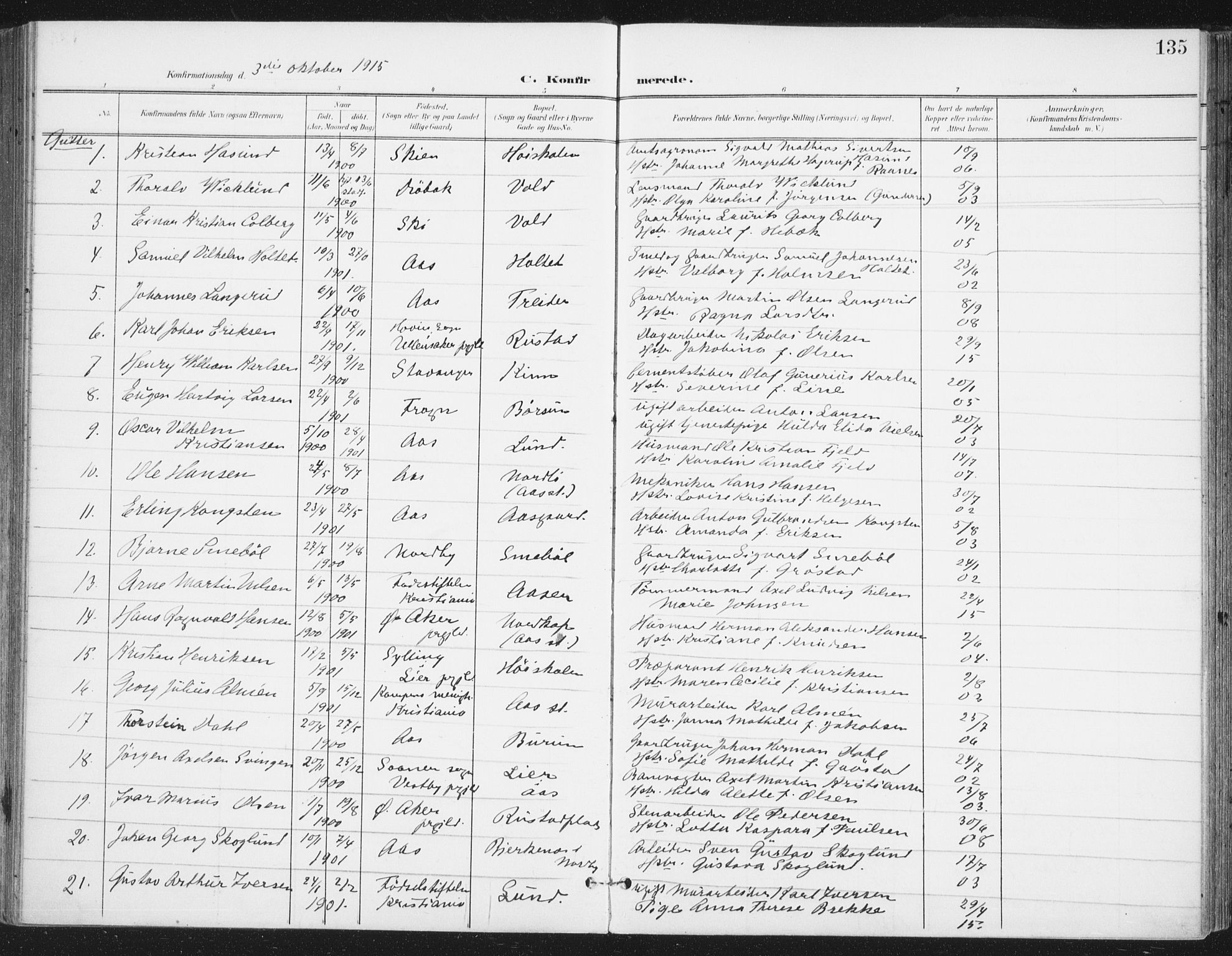 Ås prestekontor Kirkebøker, SAO/A-10894/F/Fa/L0010: Parish register (official) no. I 10, 1900-1918, p. 135