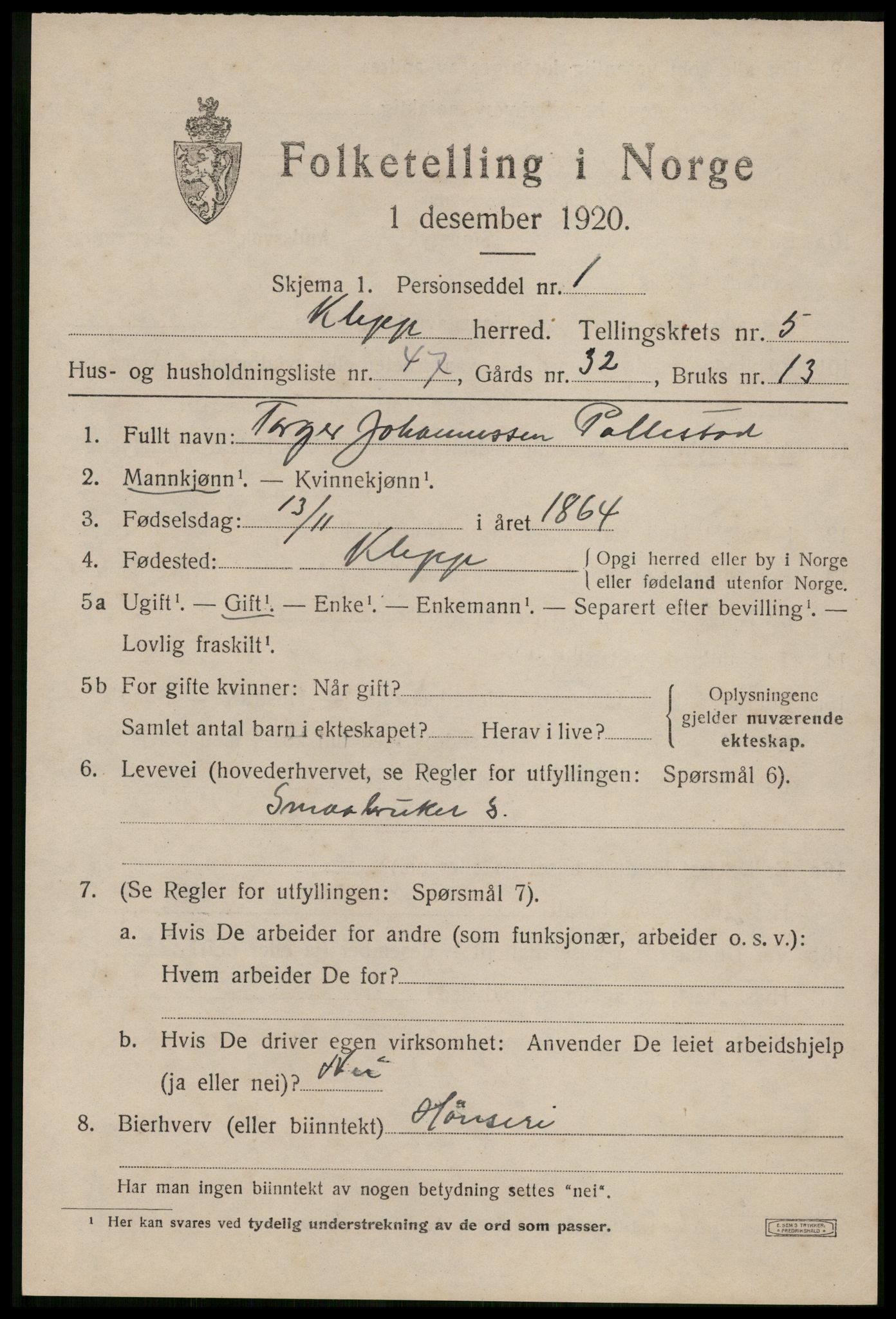 SAST, 1920 census for Klepp, 1920, p. 5930