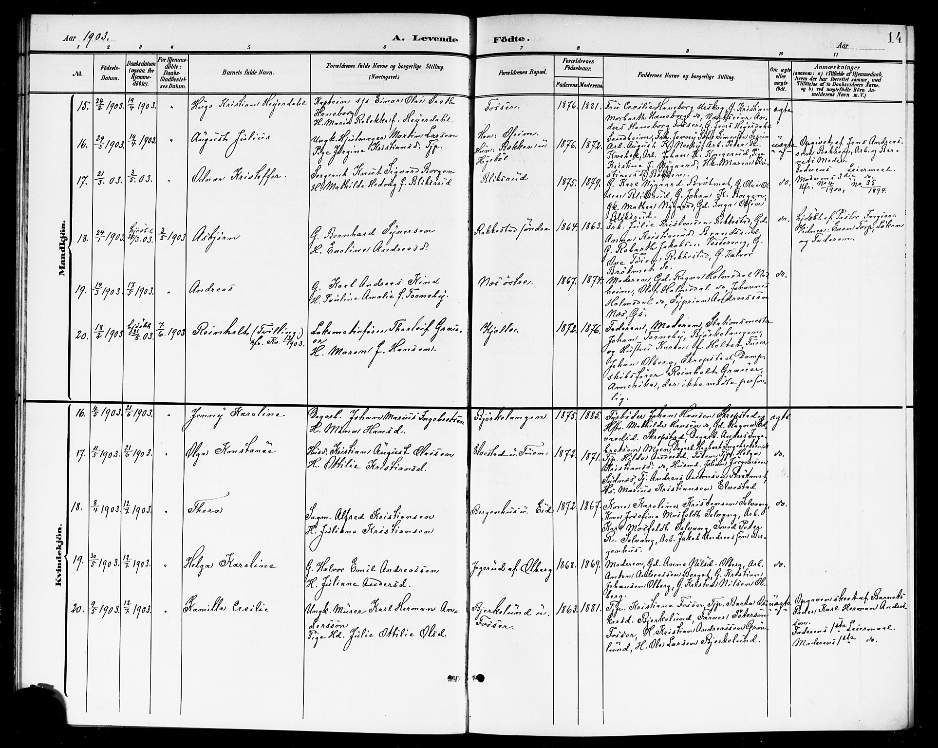 Høland prestekontor Kirkebøker, AV/SAO-A-10346a/G/Ga/L0007: Parish register (copy) no. I 7, 1902-1914, p. 14