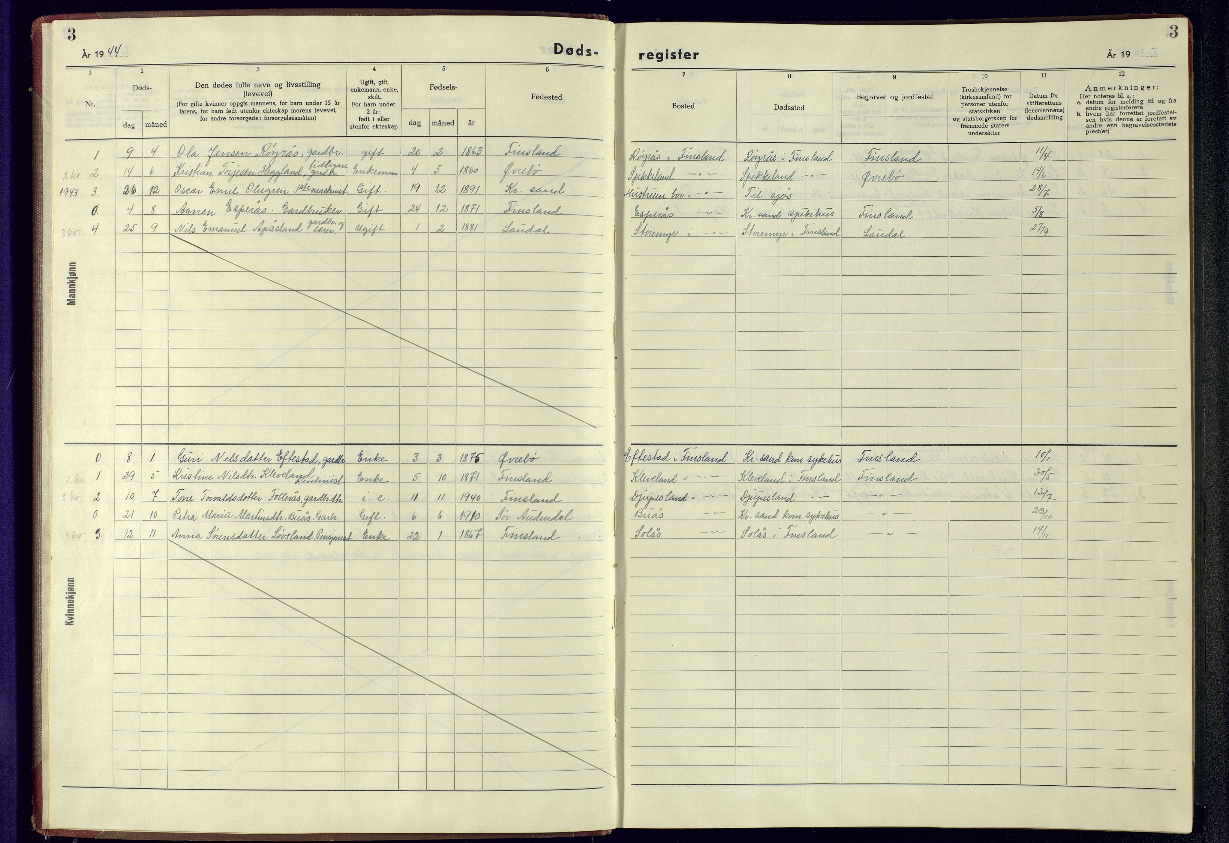 Bjelland sokneprestkontor, AV/SAK-1111-0005/J/Jb/L0010: II.6.10 - Dødsfallsregister Finsland, 1942-1957, p. 3