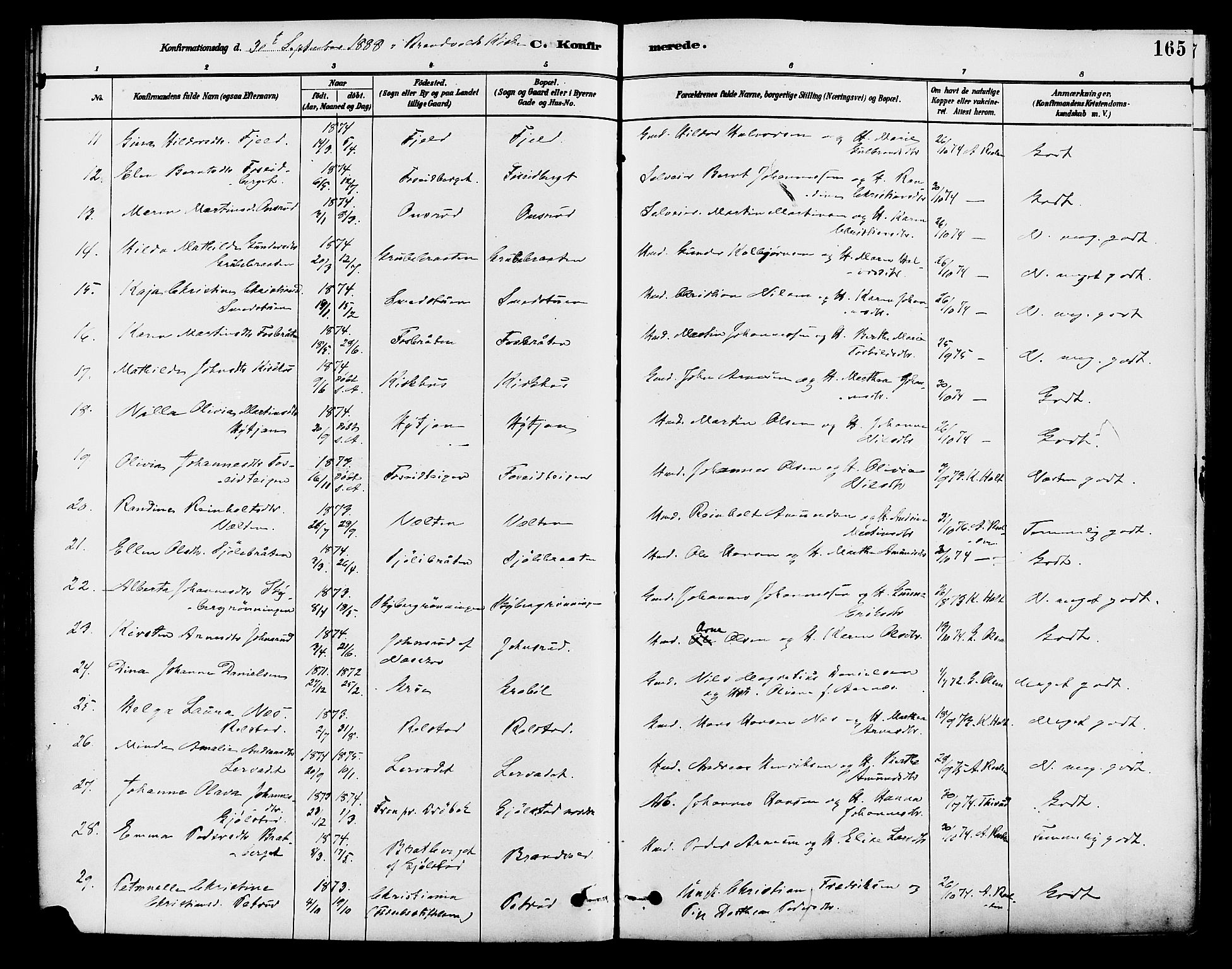 Brandval prestekontor, SAH/PREST-034/H/Ha/Haa/L0002: Parish register (official) no. 2, 1880-1894, p. 165
