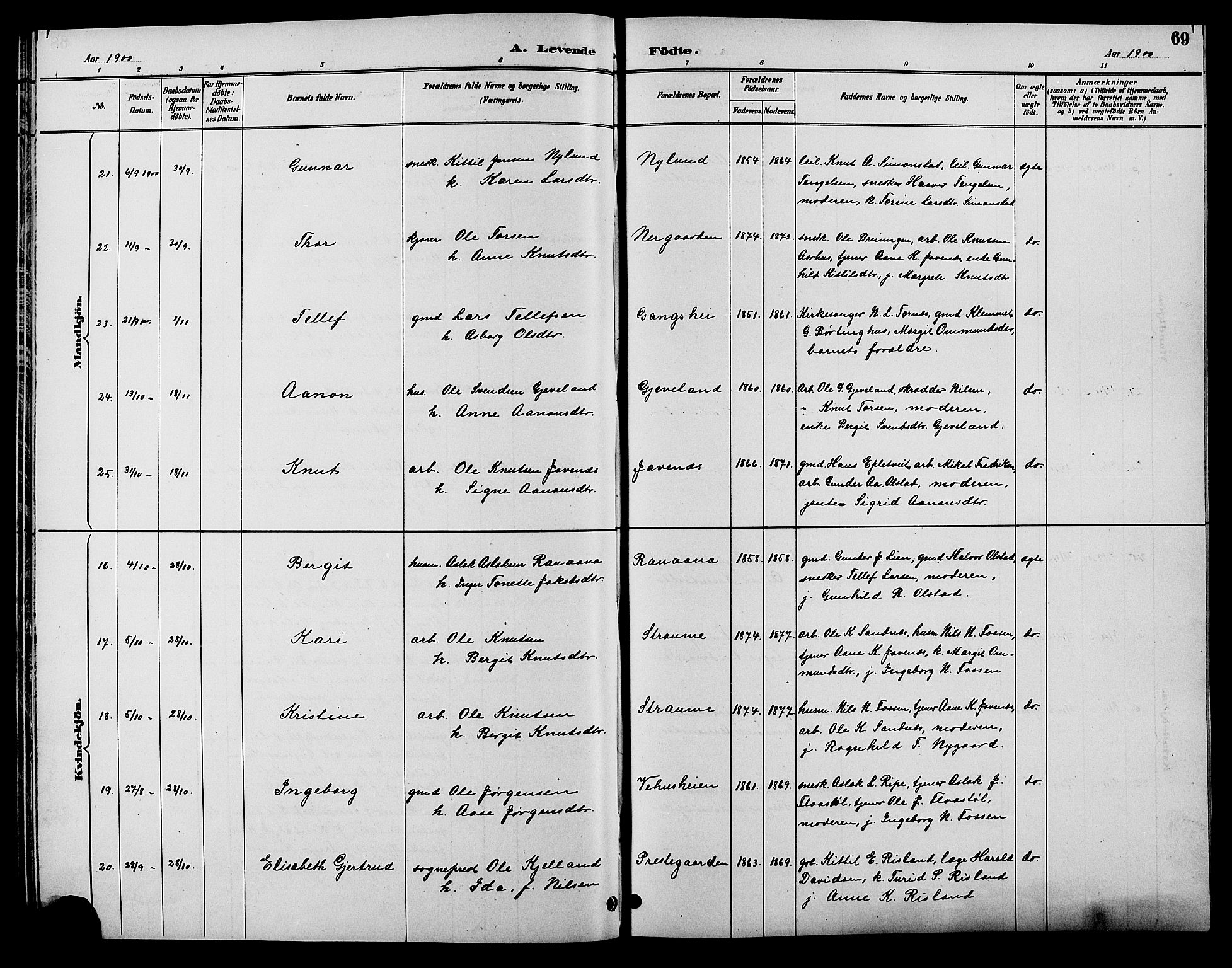 Åmli sokneprestkontor, SAK/1111-0050/F/Fb/Fbc/L0004: Parish register (copy) no. B 4, 1889-1902, p. 69